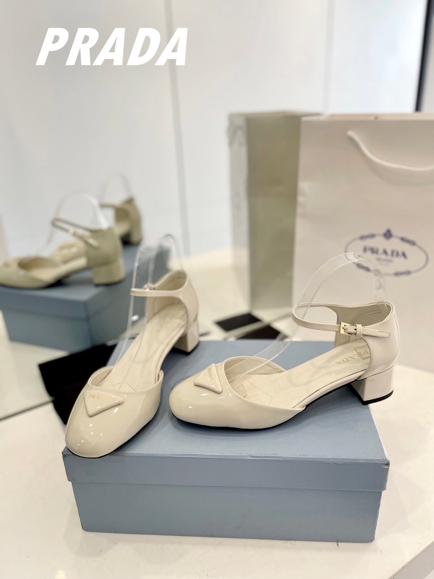 Luxury PradaSlingback 40 Square Sole White Patent Leather