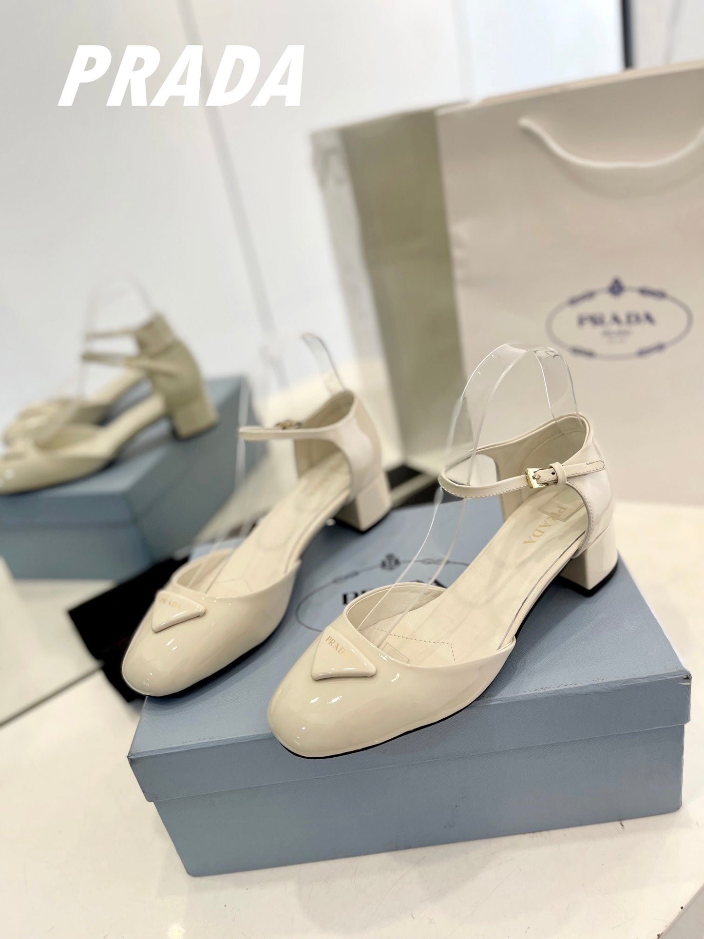 Luxury PradaSlingback 40 Square Sole White Patent Leather