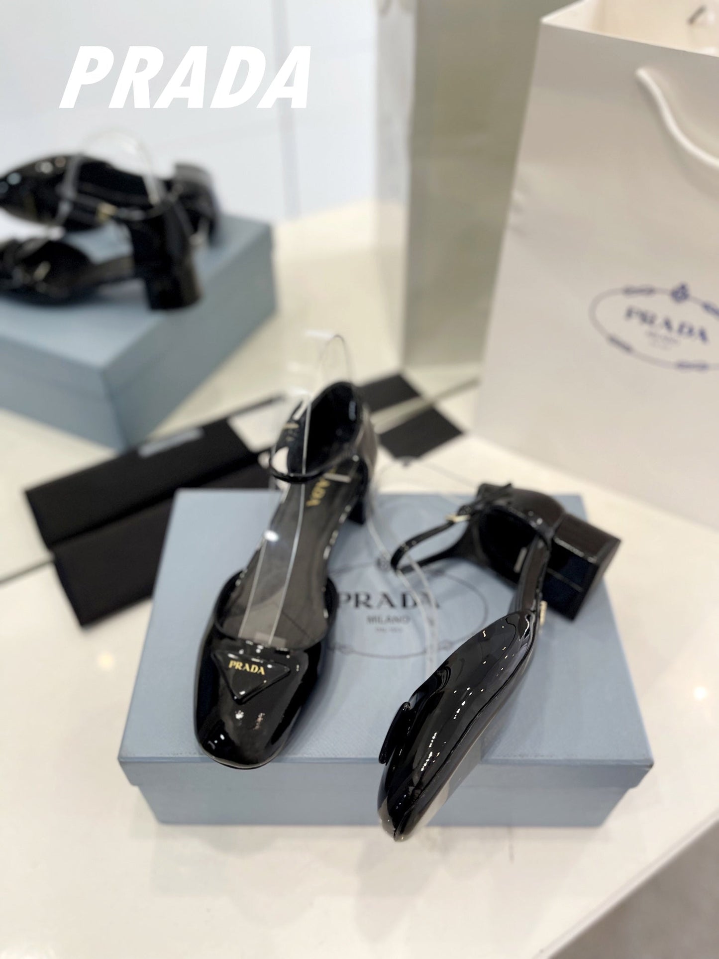 Luxury PradaSlingback 40 Square Sole Black Patent Leather
