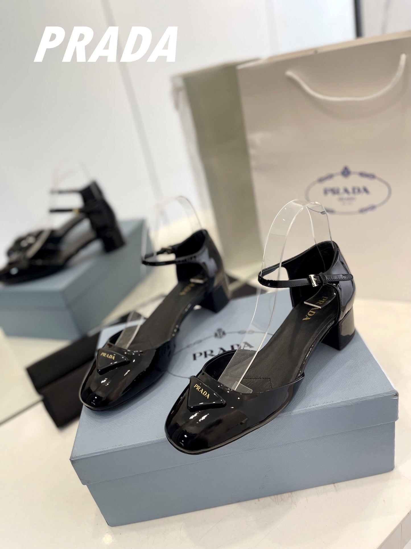 Luxury PradaSlingback 40 Square Sole Black Patent Leather