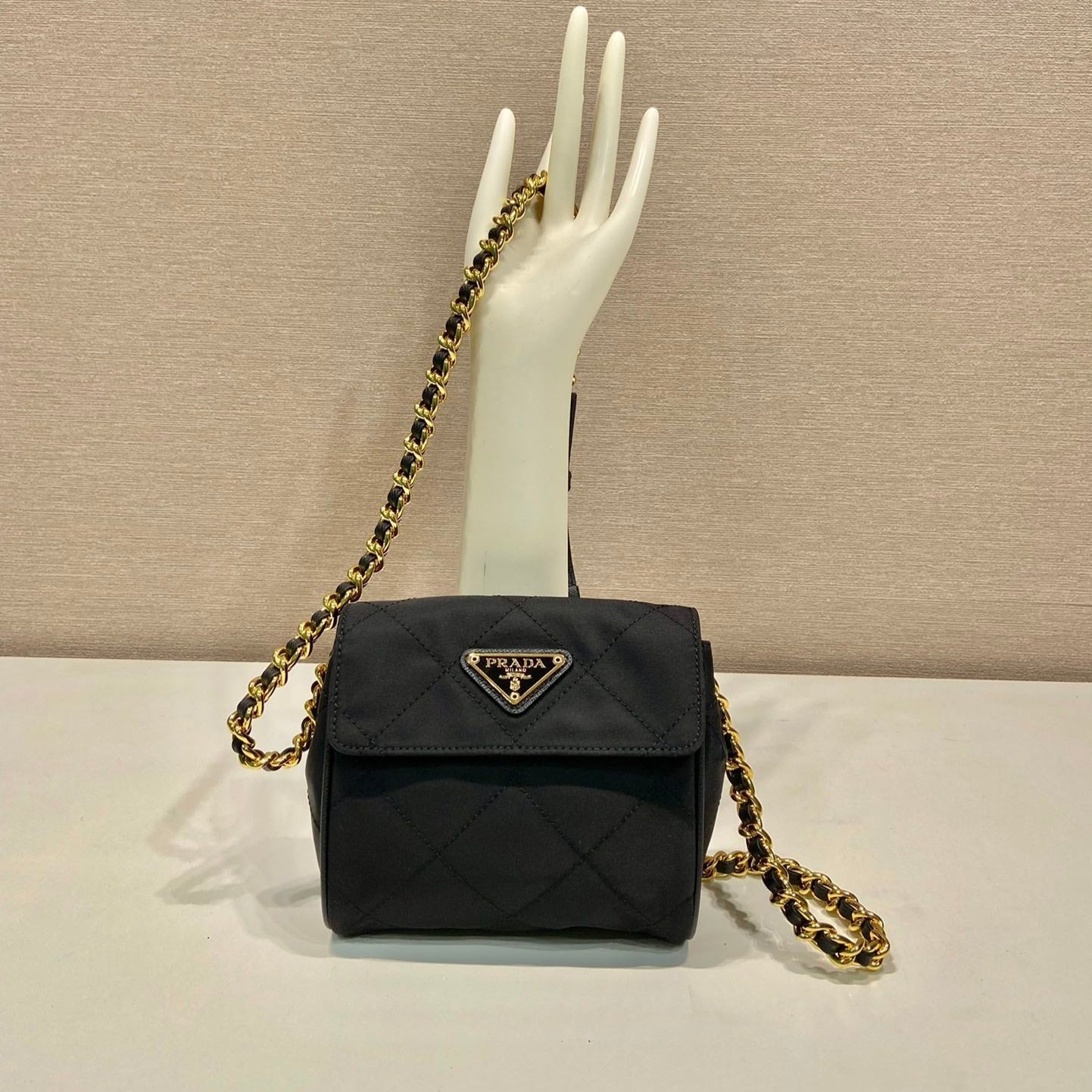 Luxury PradaMINI QUILTED FLAP BAG 14 IN BLACK RE-NYLON FABRIC GOLD CHAIN