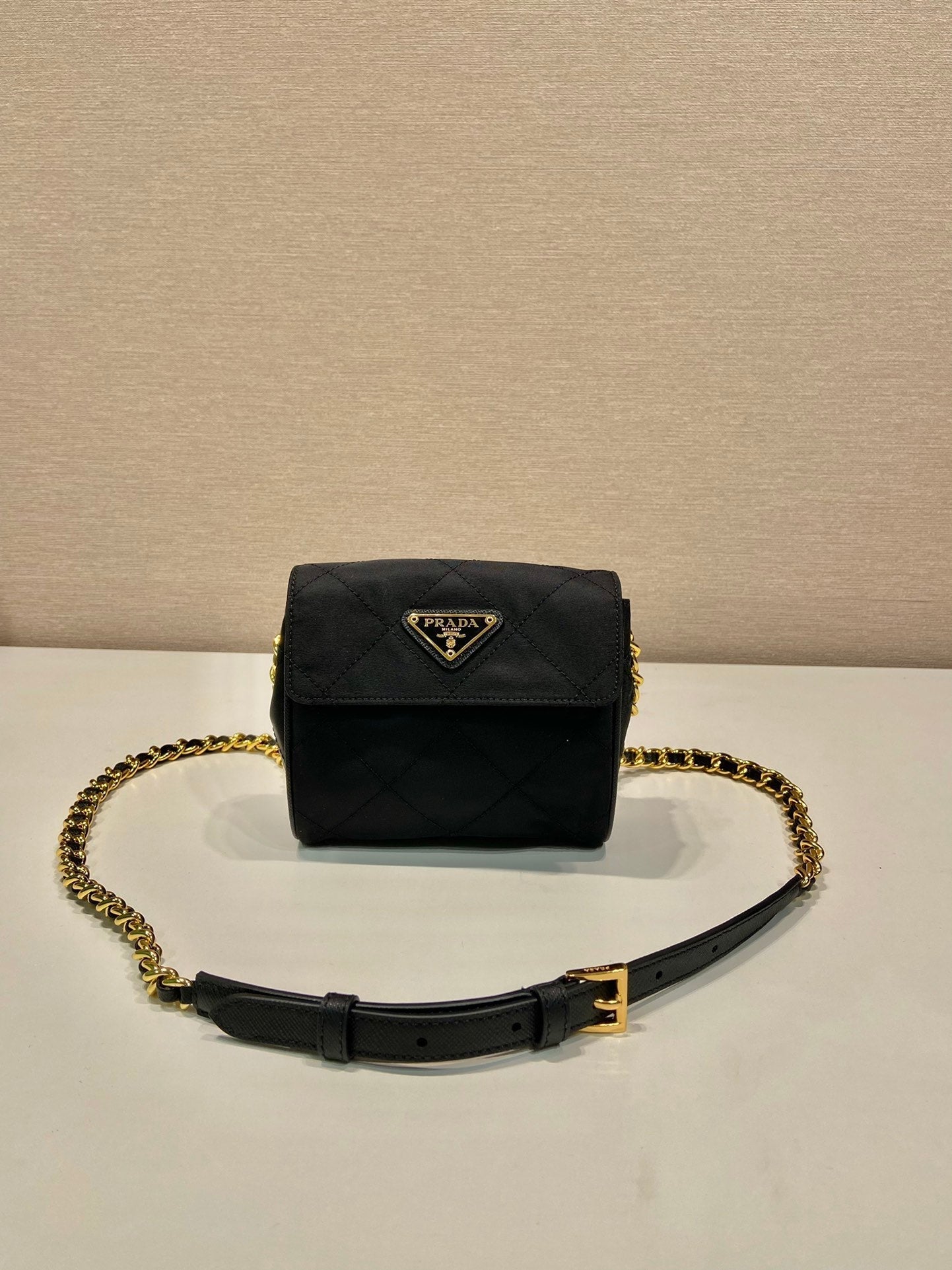 Luxury PradaMINI QUILTED FLAP BAG 14 IN BLACK RE-NYLON FABRIC GOLD CHAIN
