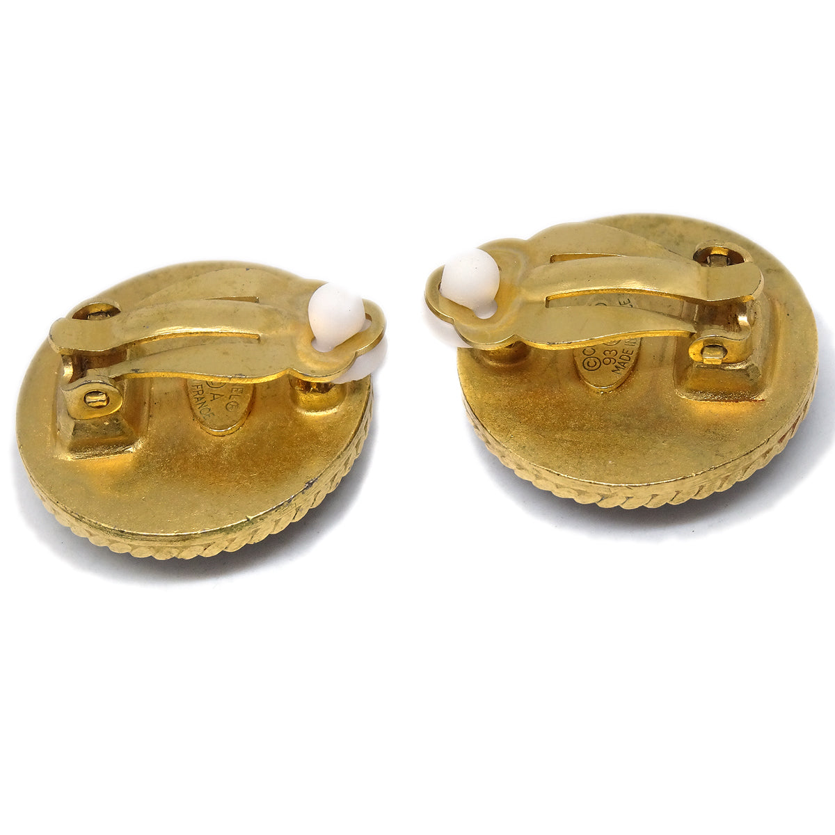 Luxury Chanel 1994 Mother of Pearl 'CC' Rope Edge Button Earrings