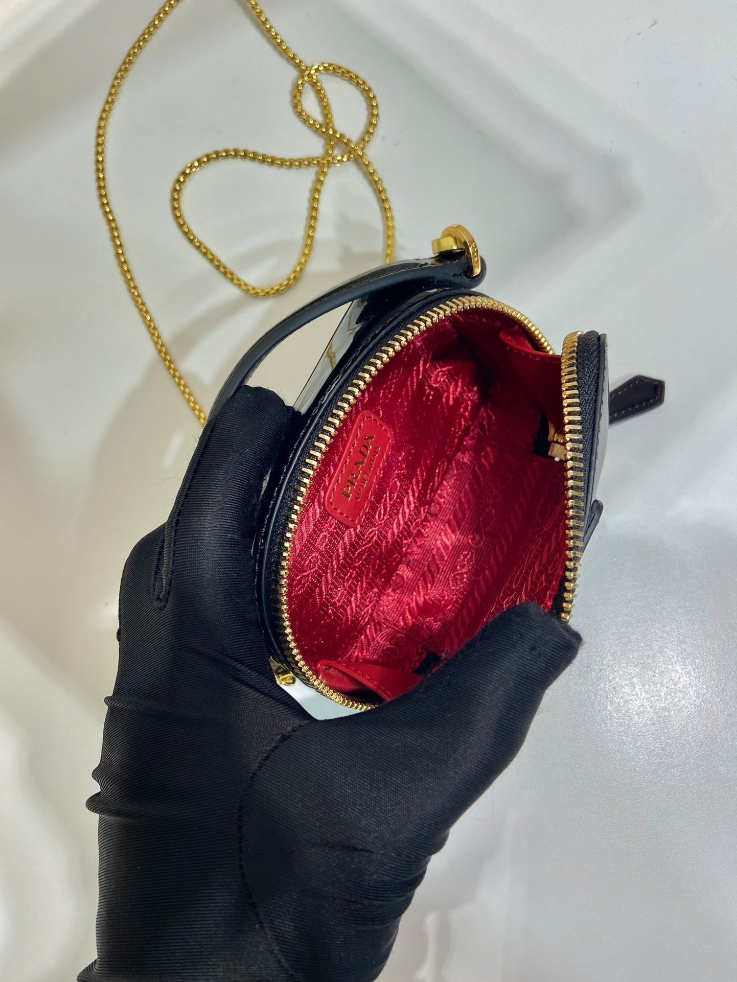 Luxury PradaMINI HAND BAG 11 WITH GOLD STRAP IN BLACK PATENT CALFSKIN