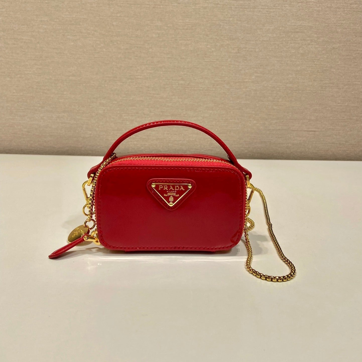 Luxury PradaMINI HAND BAG 11 WITH GOLD STRAP IN RED PATENT CALFSKIN