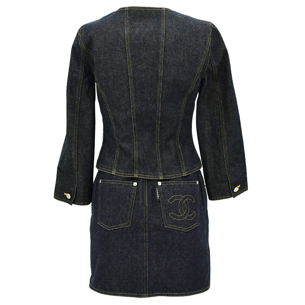 Luxury Chanel Spring 1996 Setup Suit Collarless Jacket Skirt Denim Indigo #38