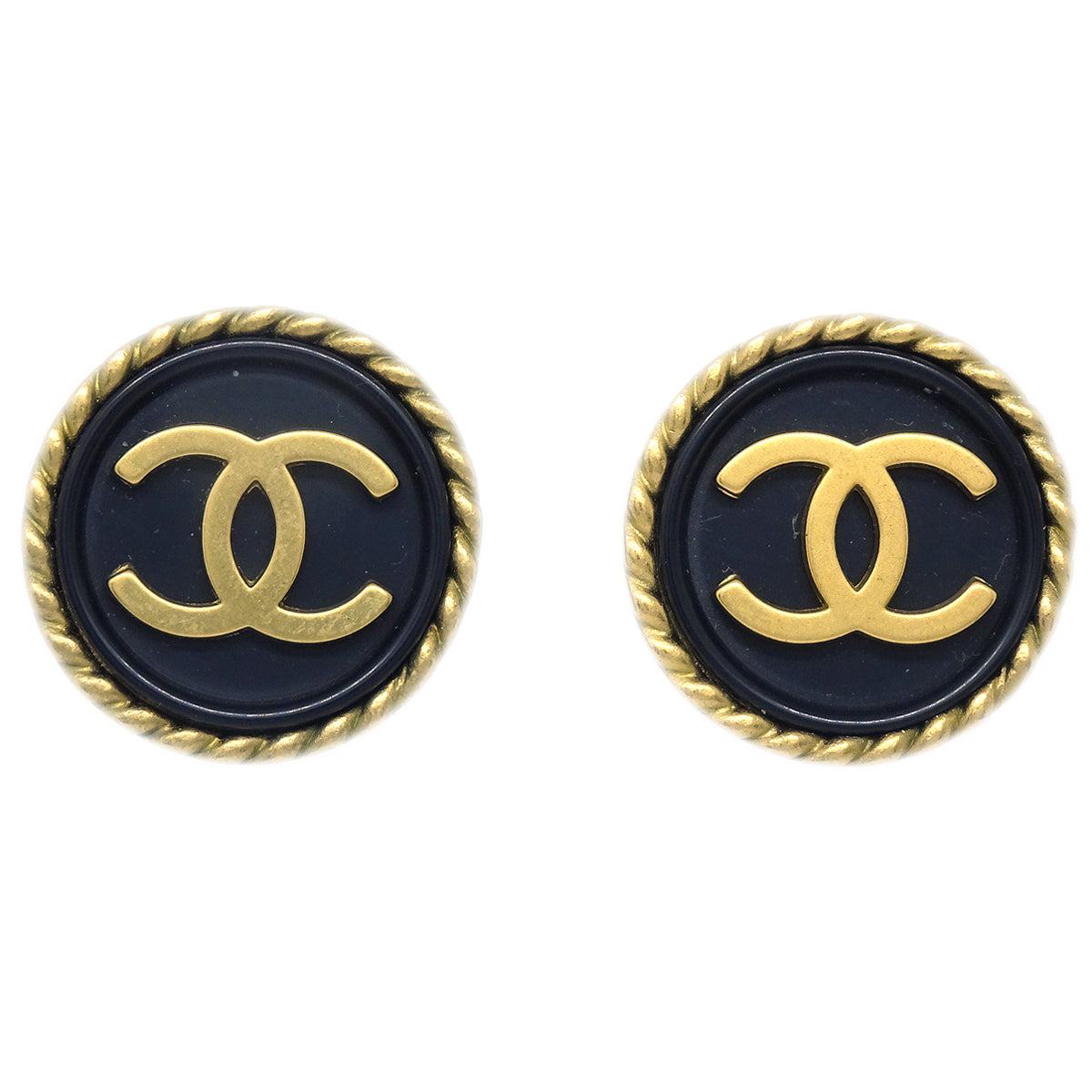 Luxury Chanel 1994 Gold & Black 'CC' Rope Edge Button Earrings
