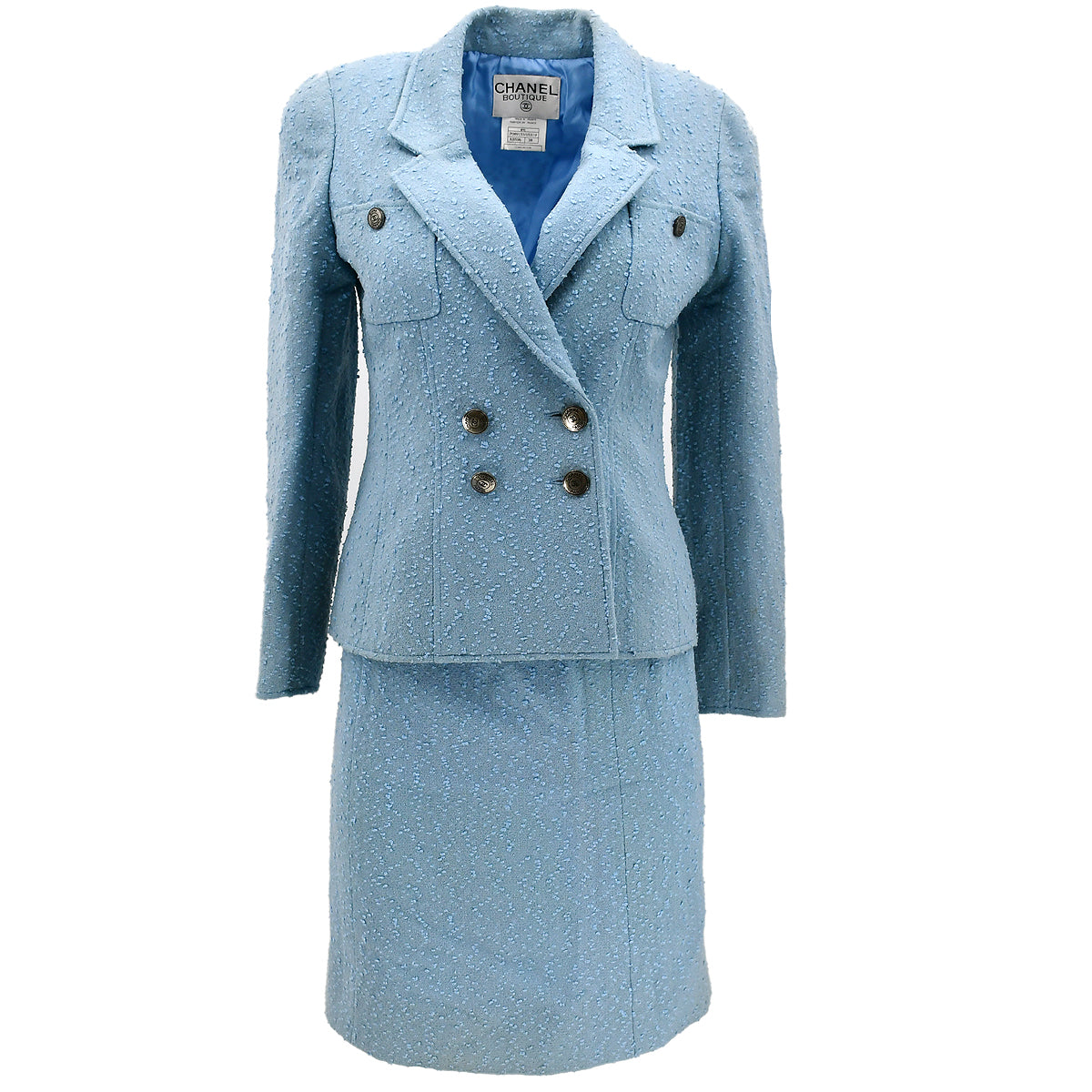 Luxury Chanel Setup Suit Jacket Skirt Light Blue 97C #38