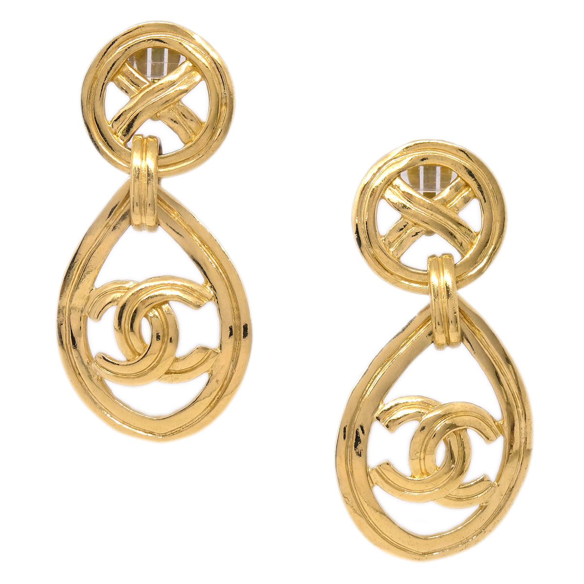 Luxury Chanel Dangle Hoop Earrings Clip-On Gold 96P