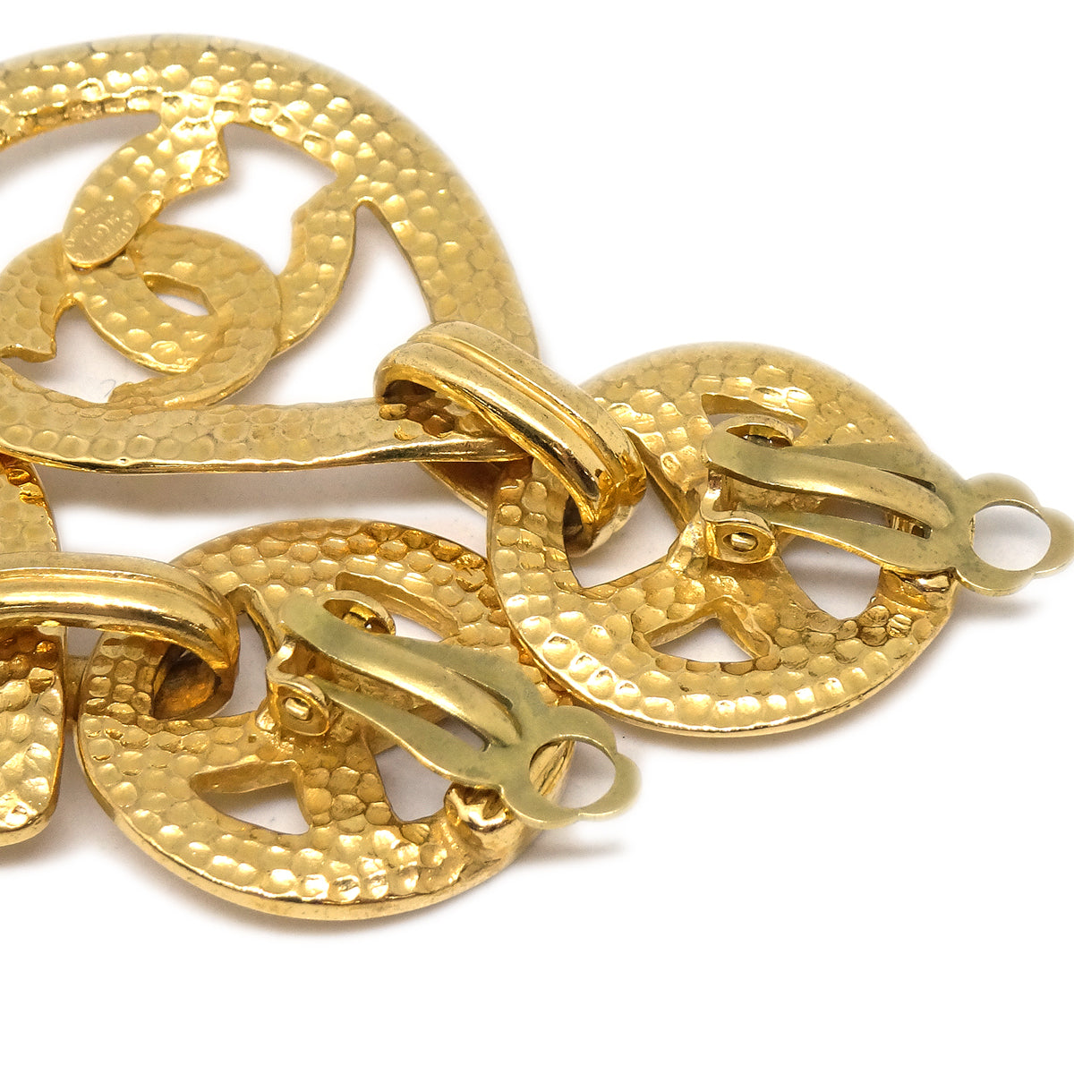 Luxury Chanel Dangle Hoop Earrings Clip-On Gold 96P