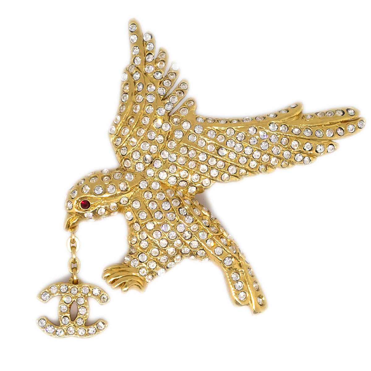 Luxury Chanel Eagle Rhinestone Brooch Pin Gold 01P