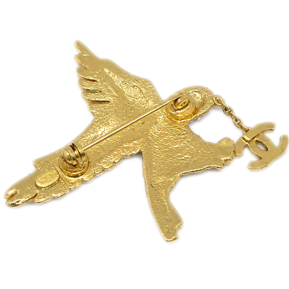 Luxury Chanel Eagle Rhinestone Brooch Pin Gold 01P