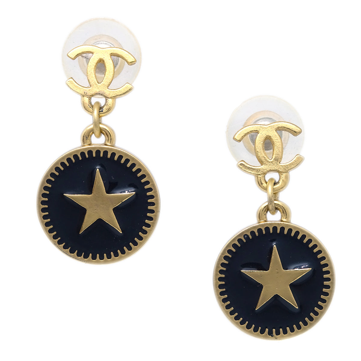 Luxury Chanel Star Dangle Piercing Earrings Black 01P