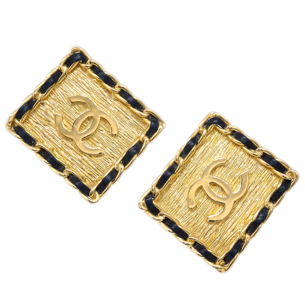 Luxury Chanel Square Leather Earrings Clip-On Gold 26
