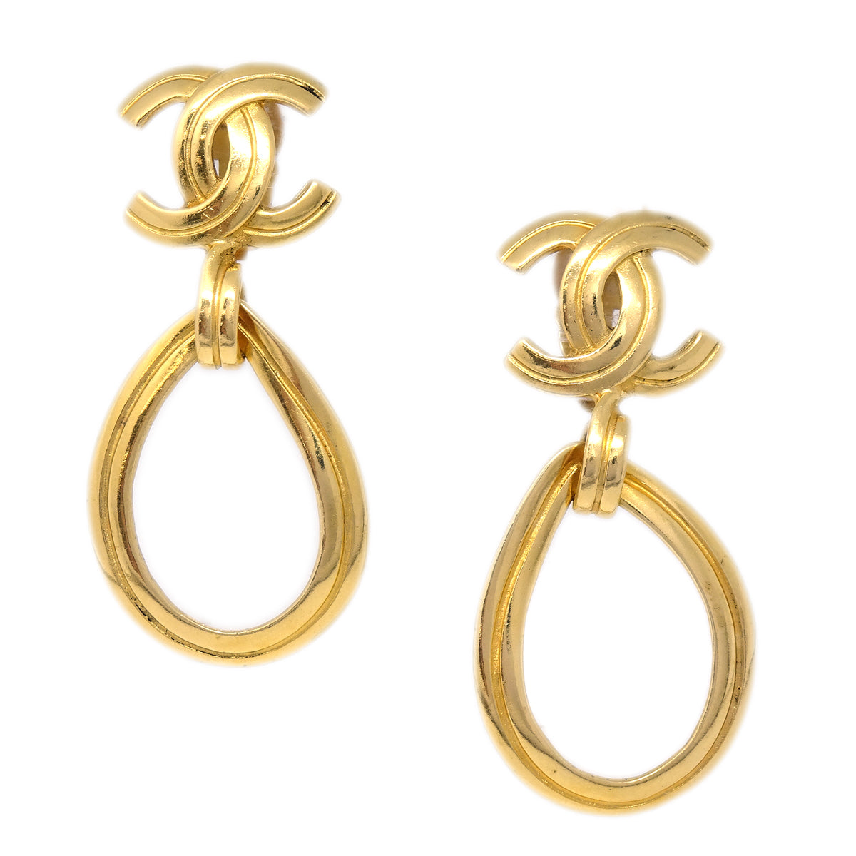 Luxury Chanel Dangle Hoop Earrings Gold Clip-On 96P