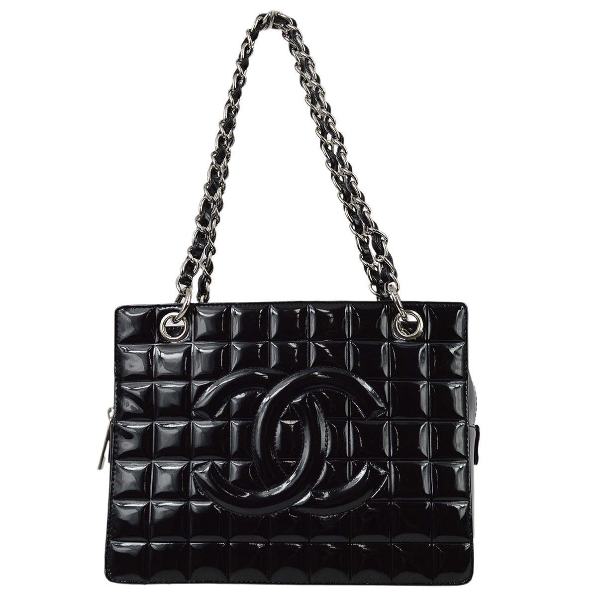 Luxury Chanel * 2001-2003 Black Patent Choco Bar Chain Tote Handbag