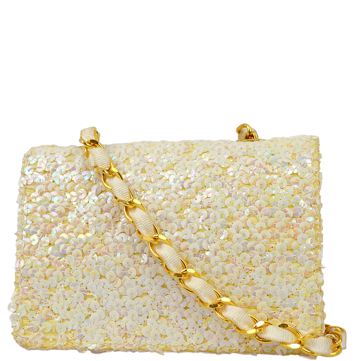Luxury Chanel * 1989-1991 White Sequin Straight Flap Shoulder Bag Micro