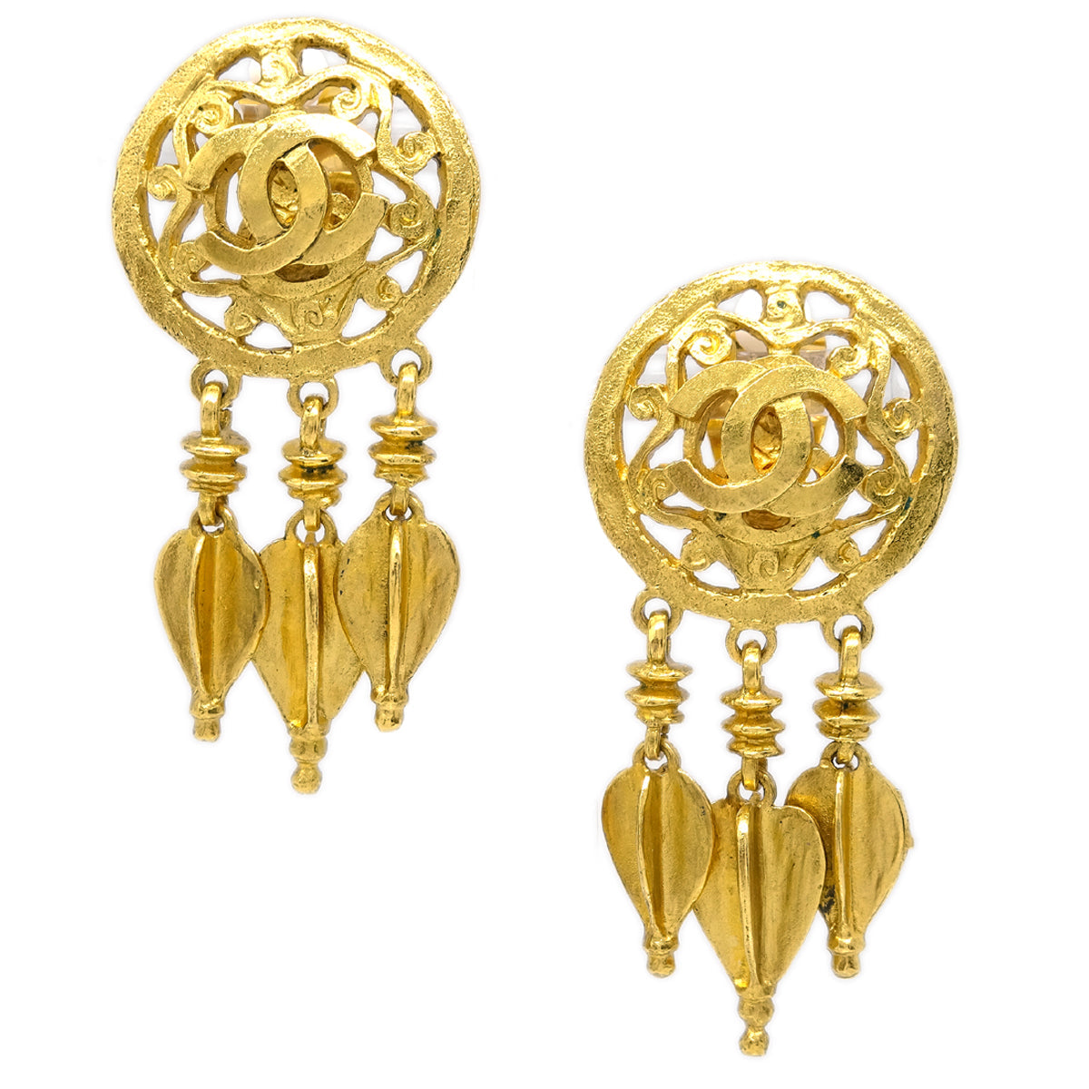 Luxury Chanel Fretwork Paisley Earrings Gold Clip-On 95A