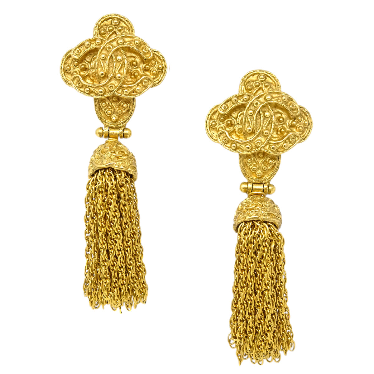 Luxury Chanel Fringe Charm Dangle Earrings Clip-On Gold 94A