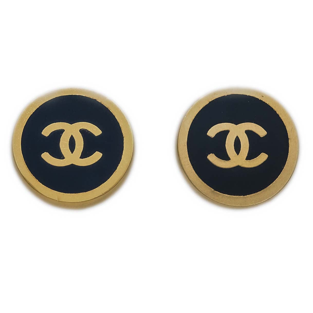 Luxury Chanel 2000 Gold & Black 'CC' Button Earrings