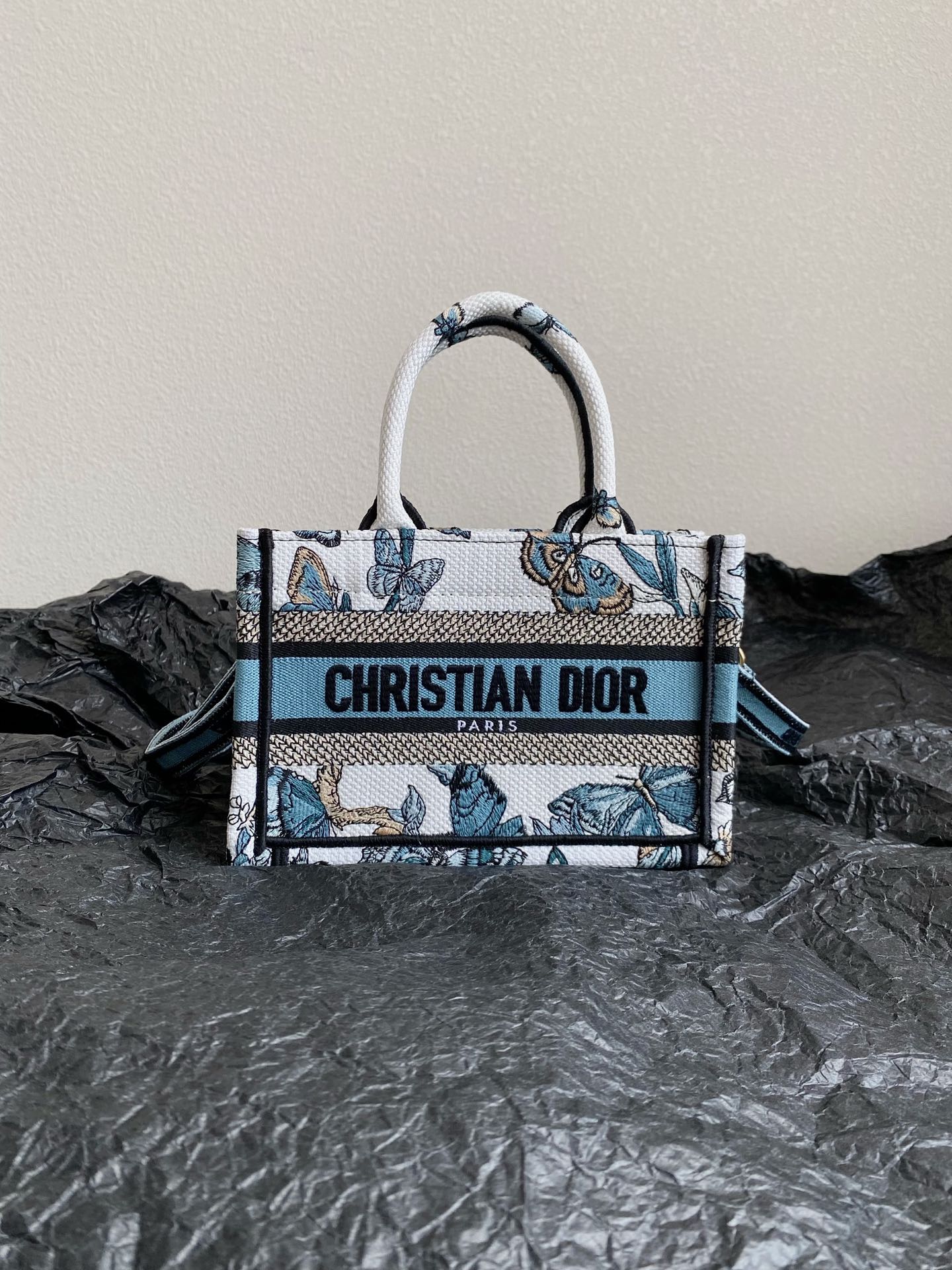 Luxury DiorMINI BOOK TOTE 21 BUTTERFLY PATTERN BLUE CALFSKIN