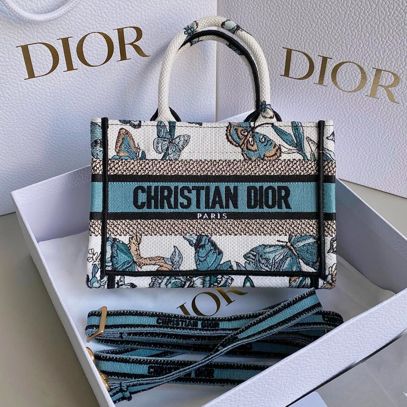 Luxury DiorMINI BOOK TOTE 21 BUTTERFLY PATTERN BLUE CALFSKIN