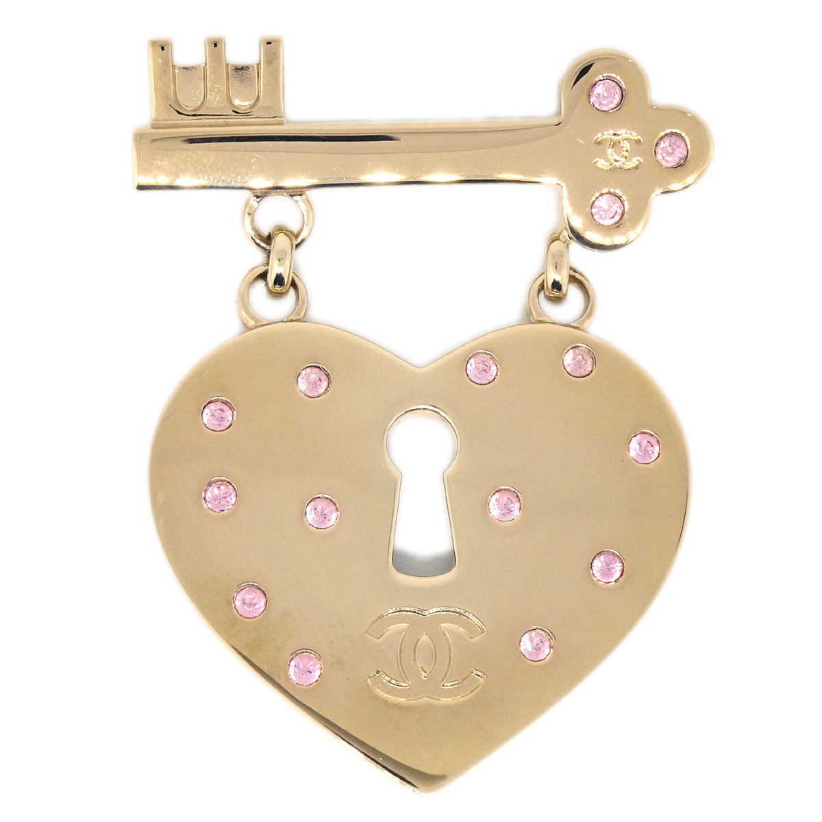 Luxury Chanel Heart Rhinestone Brooch Gold 02P