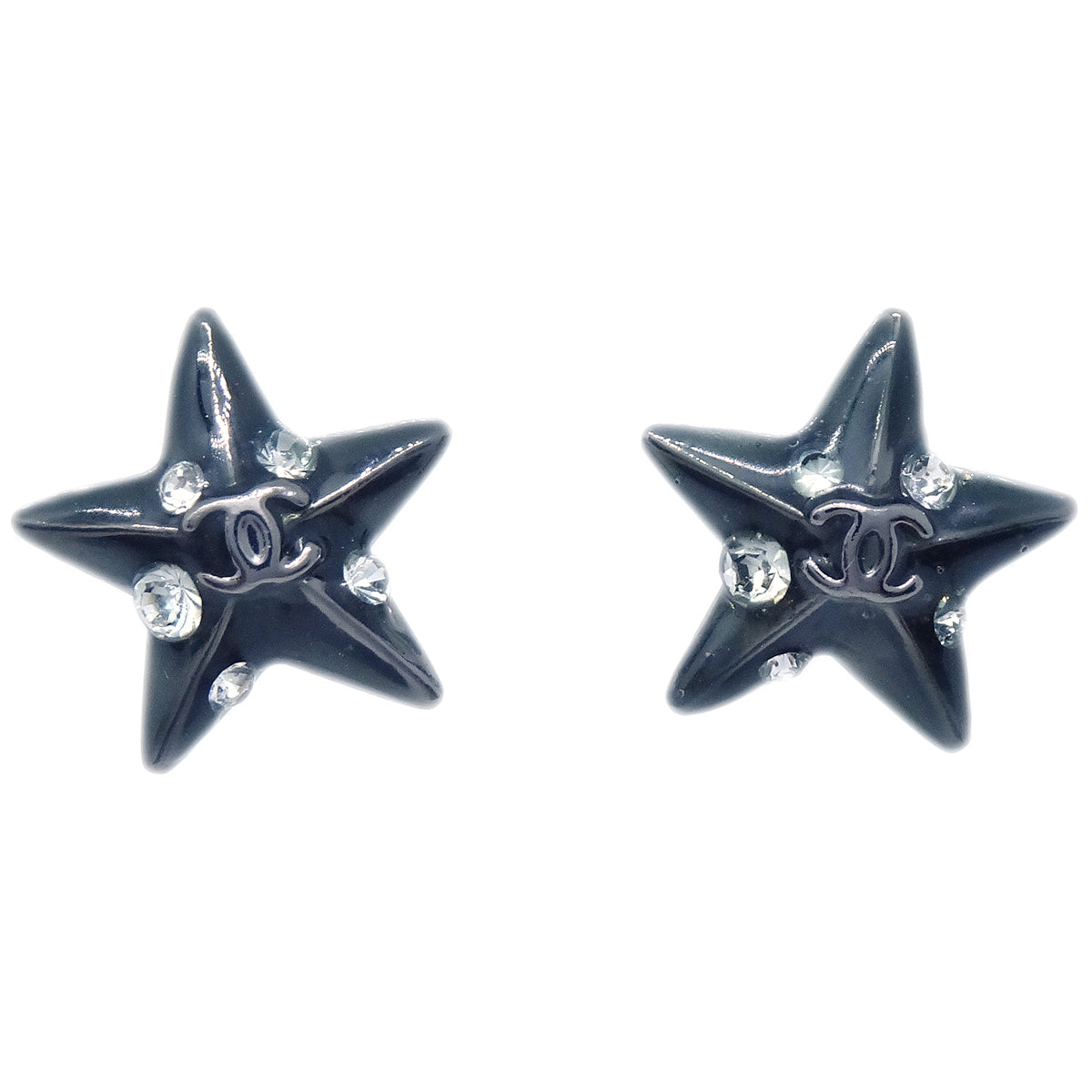 Luxury Chanel Star Rhinestone Piercing Earrings Black 03A