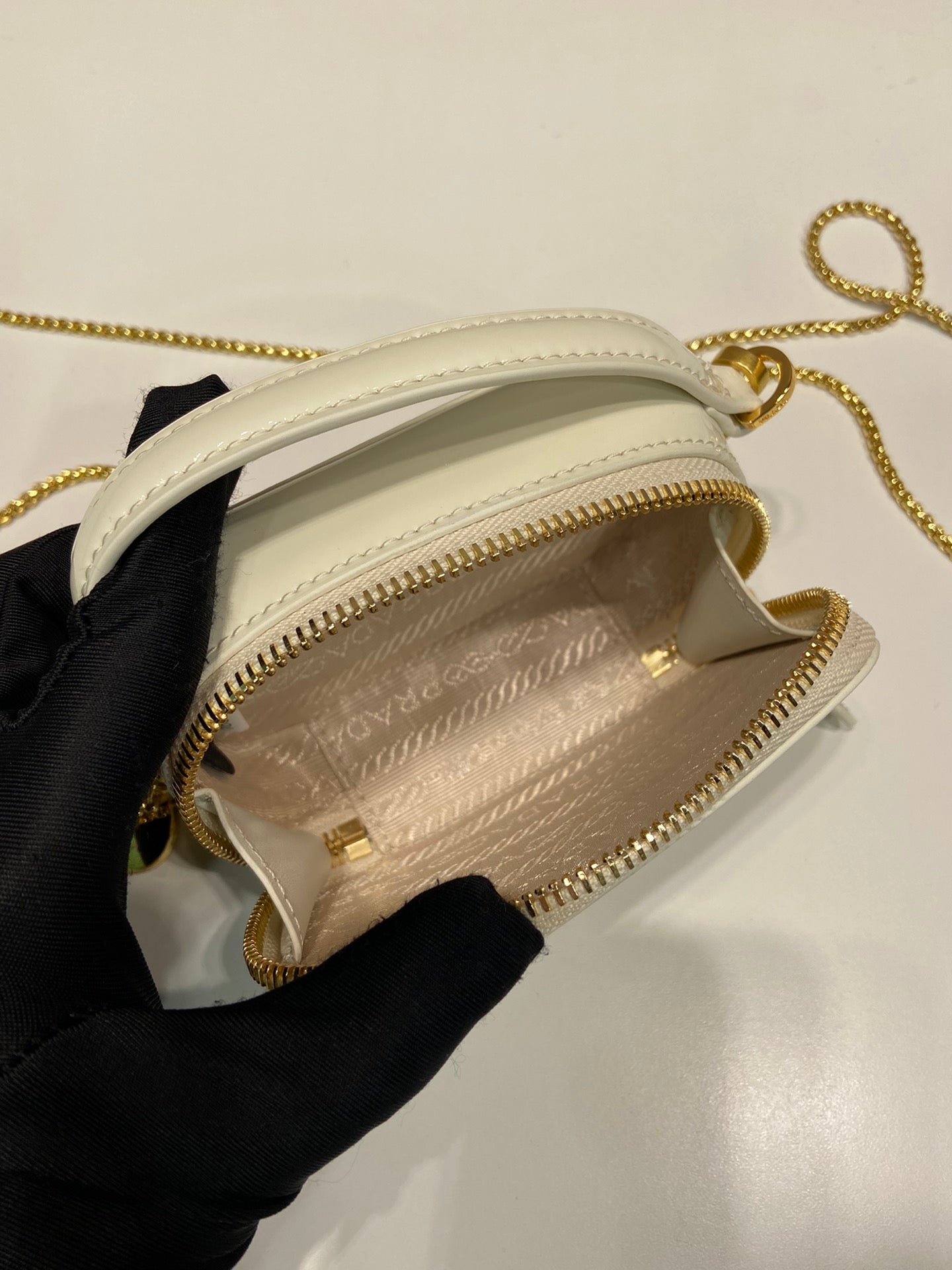 Luxury PradaMINI HAND BAG 11 WITH GOLD STRAP IN WHITE PATENT CALFSKIN