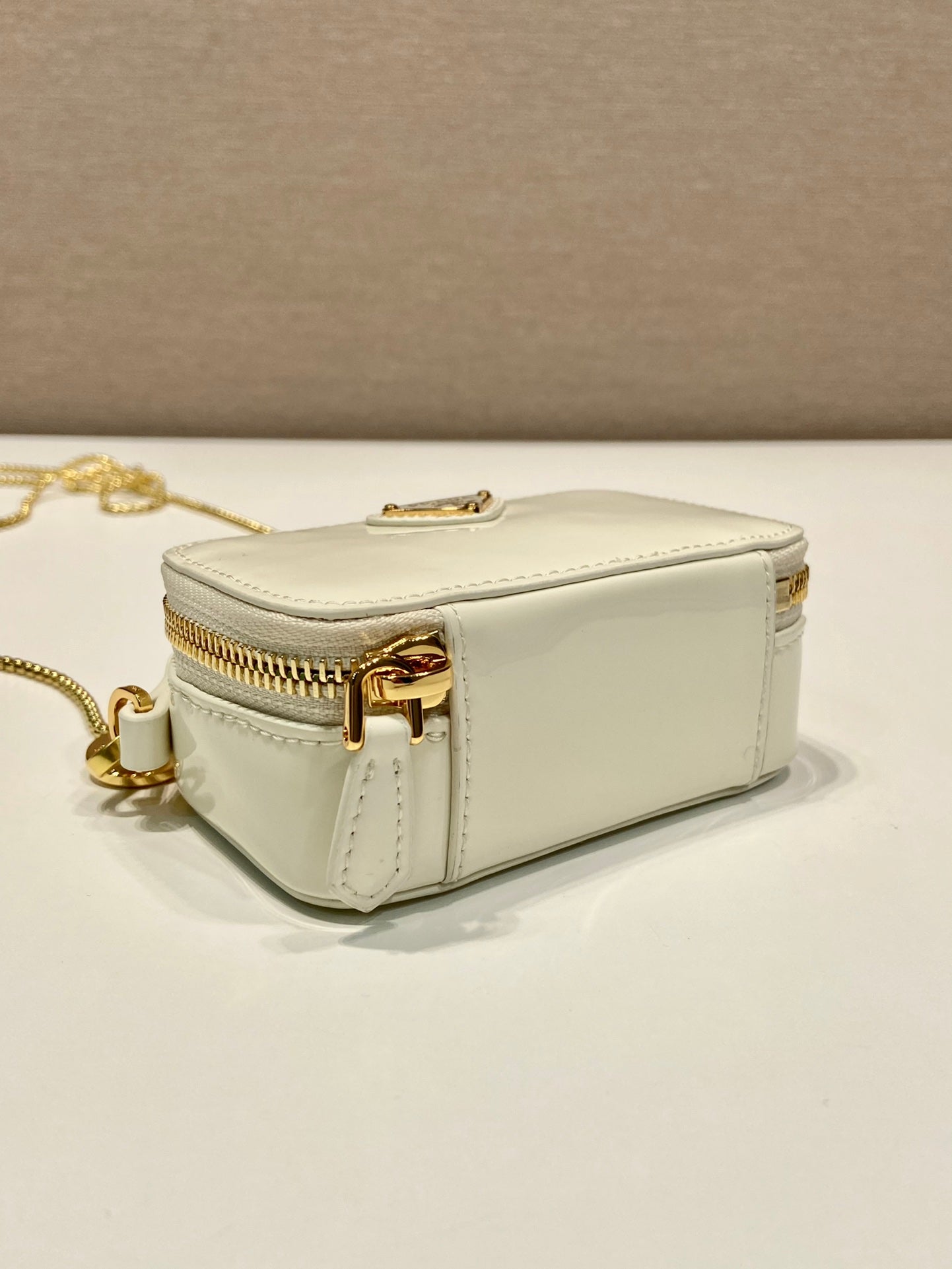 Luxury PradaMINI HAND BAG 11 WITH GOLD STRAP IN WHITE PATENT CALFSKIN