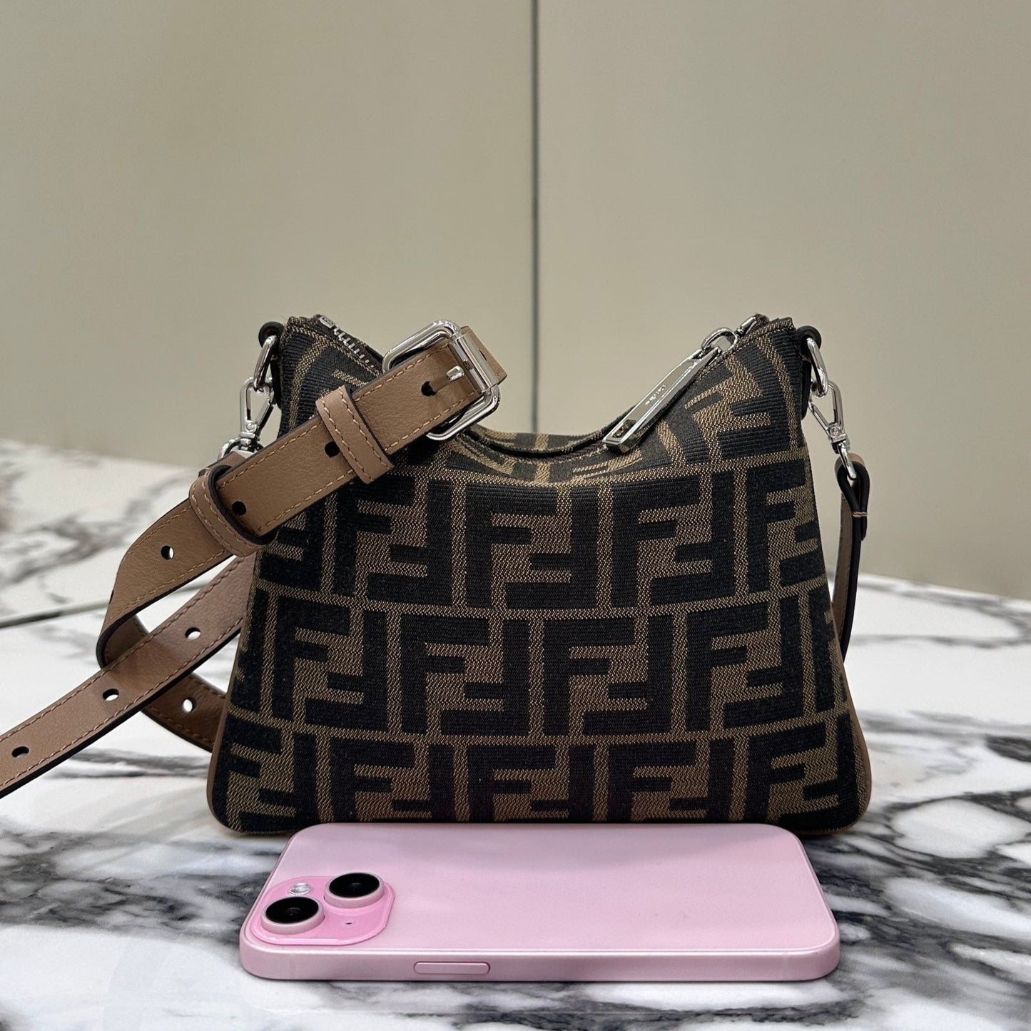 Luxury FendiSHOULDER BAG 19 WITH FF MOTIF IN BROWN JACQUARD FABRIC
