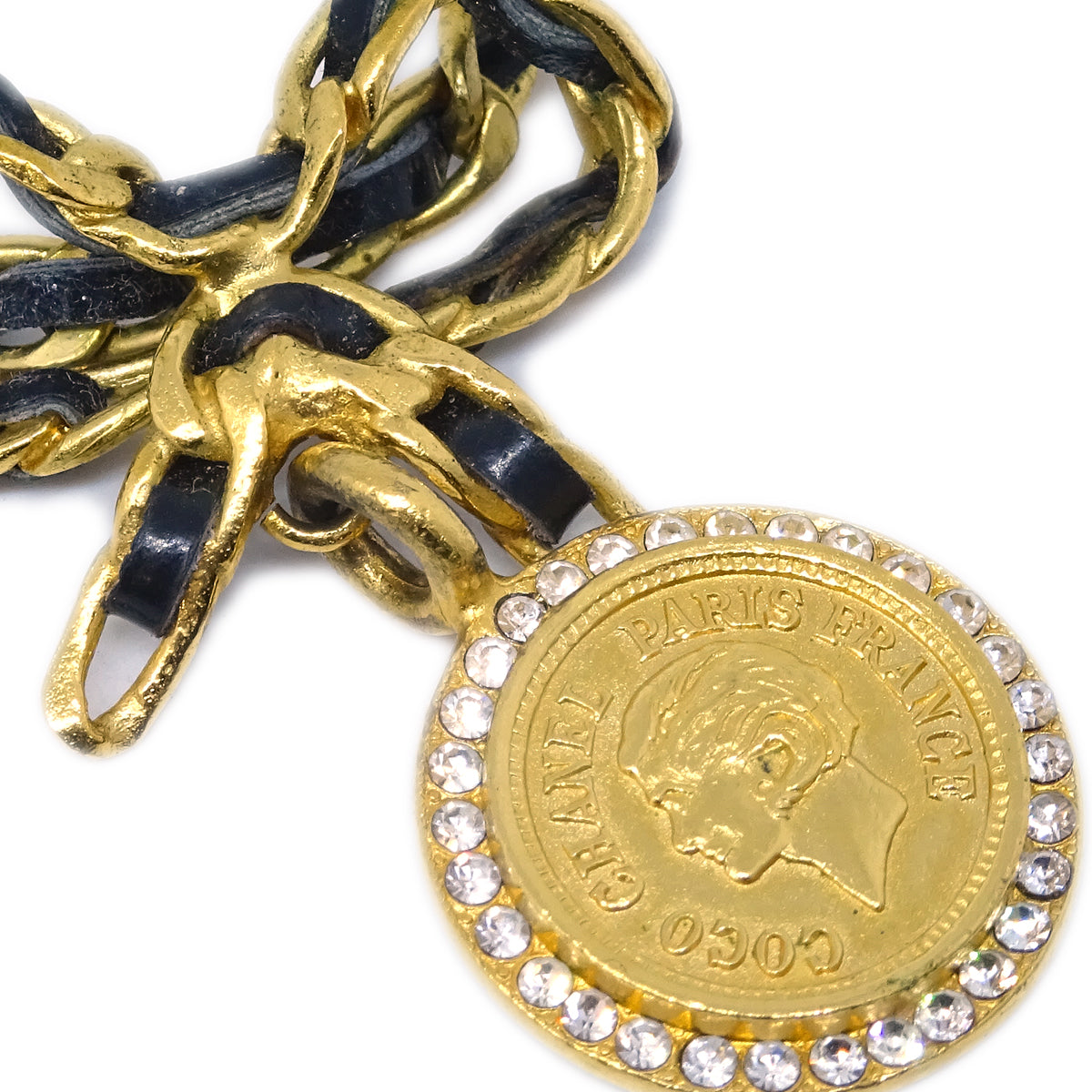Luxury Chanel Gold Black Bow Medallion Rhinestone Pendant Necklace 96P