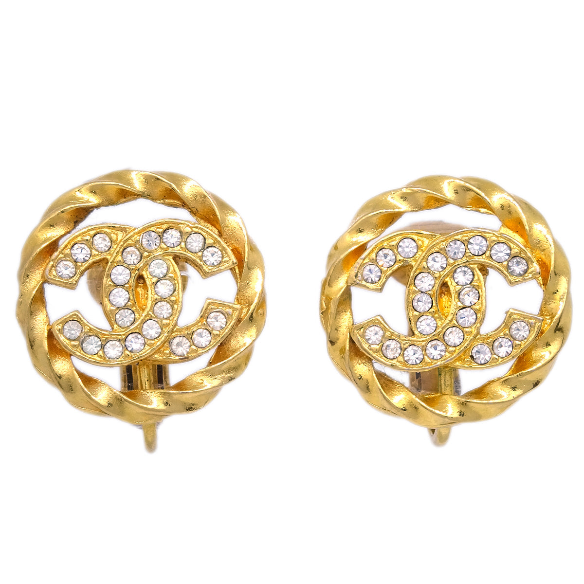 Luxury Chanel Gold Button Earrings Clip-On Rhinestone 2137