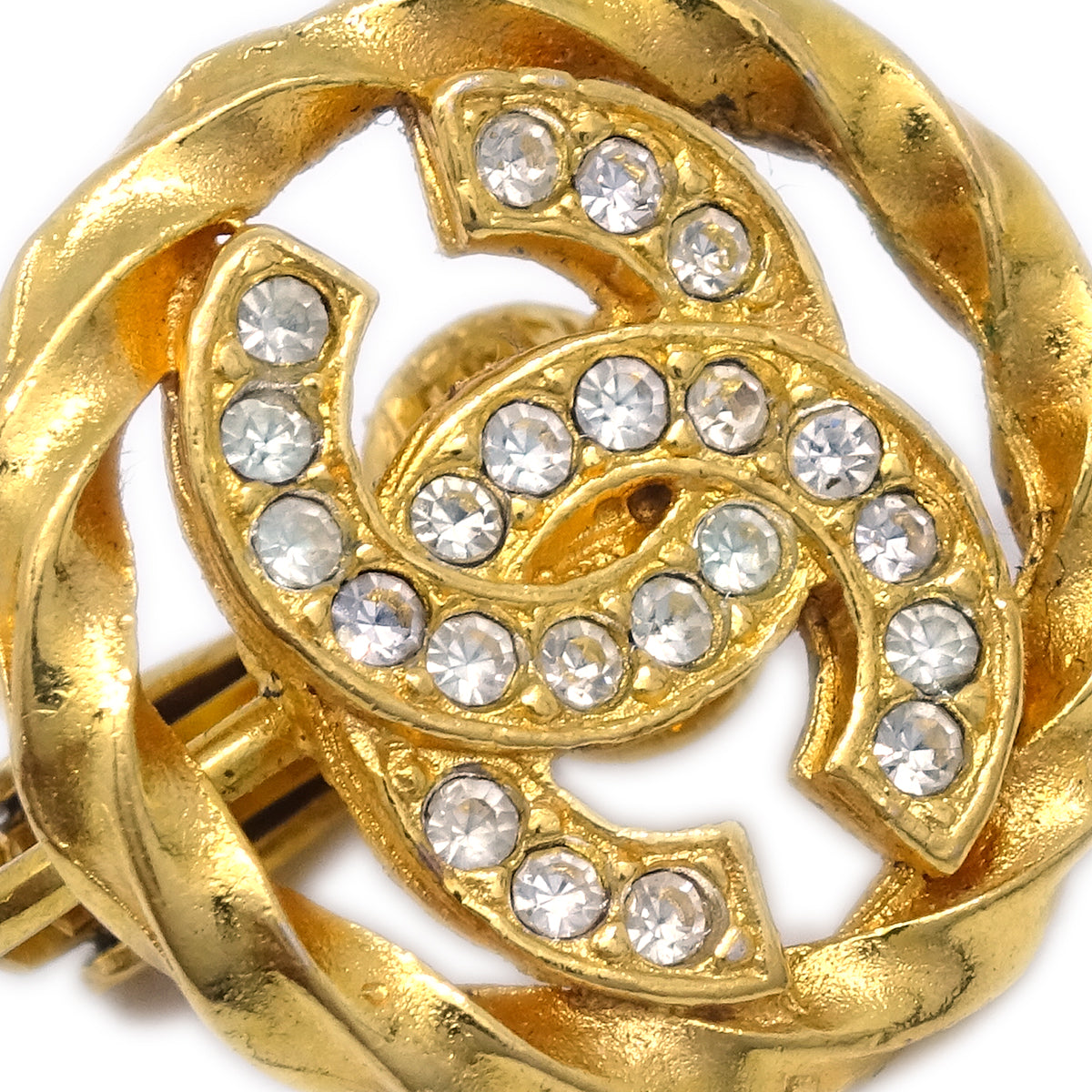 Luxury Chanel Gold Button Earrings Clip-On Rhinestone 2137