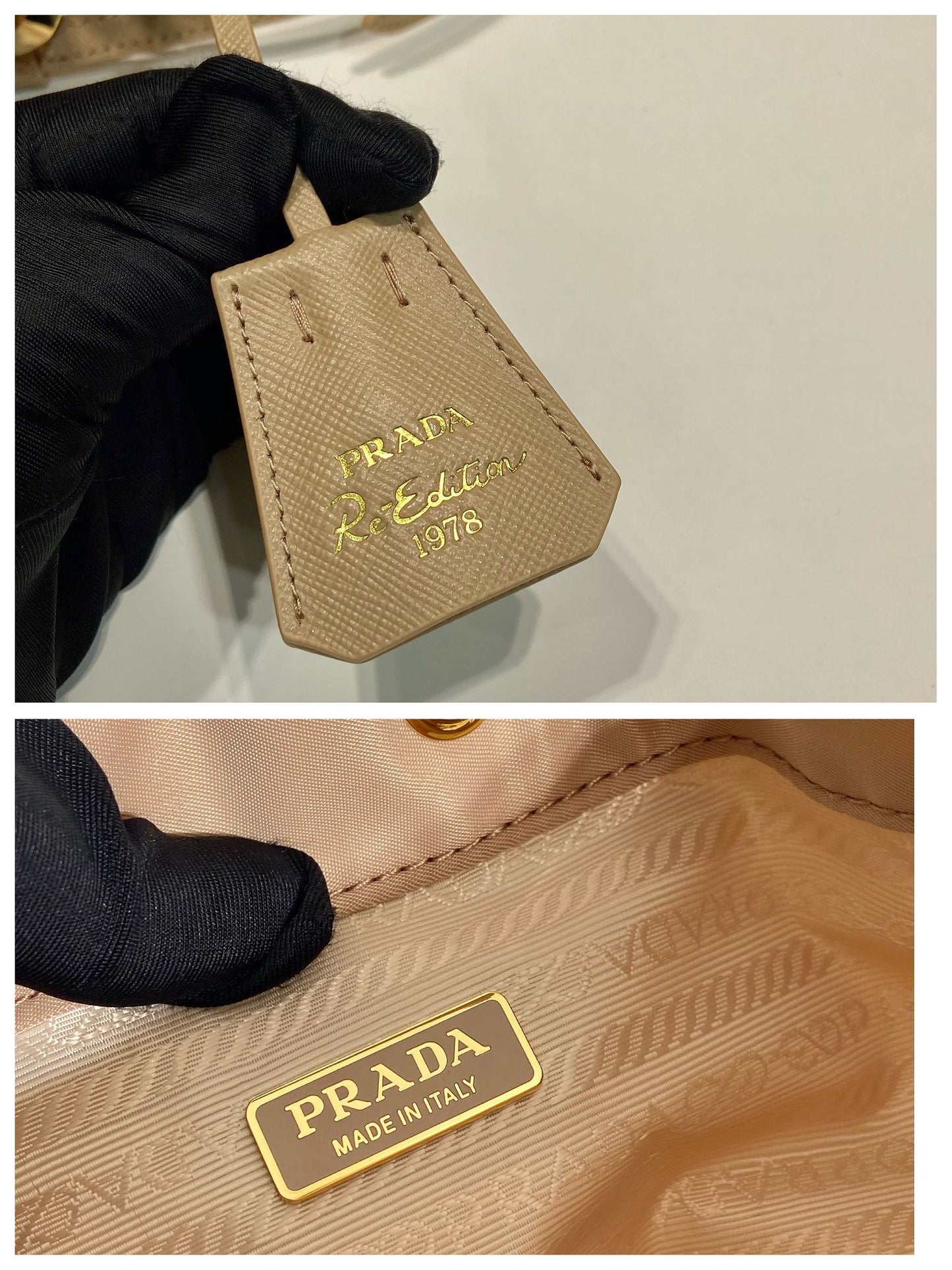 Luxury PradaBUCKET BAG 19 IN BEIGE RE-NYLON AND SAFFIANO LEATHER HANDLE