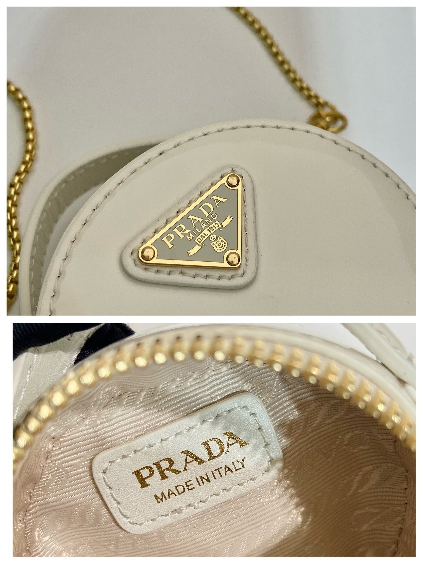 Luxury PradaMINI ROUND BAG 8 IN WHITE GLOSSY CALFSKIN GOLD HARDWARE