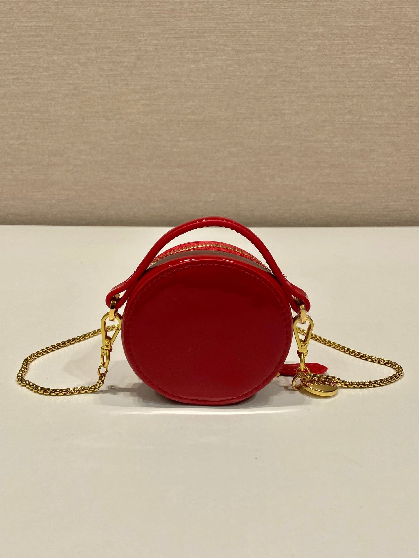 Luxury PradaMINI ROUND BAG 8 IN RED GLOSSY CALFSKIN GOLD HARDWARE