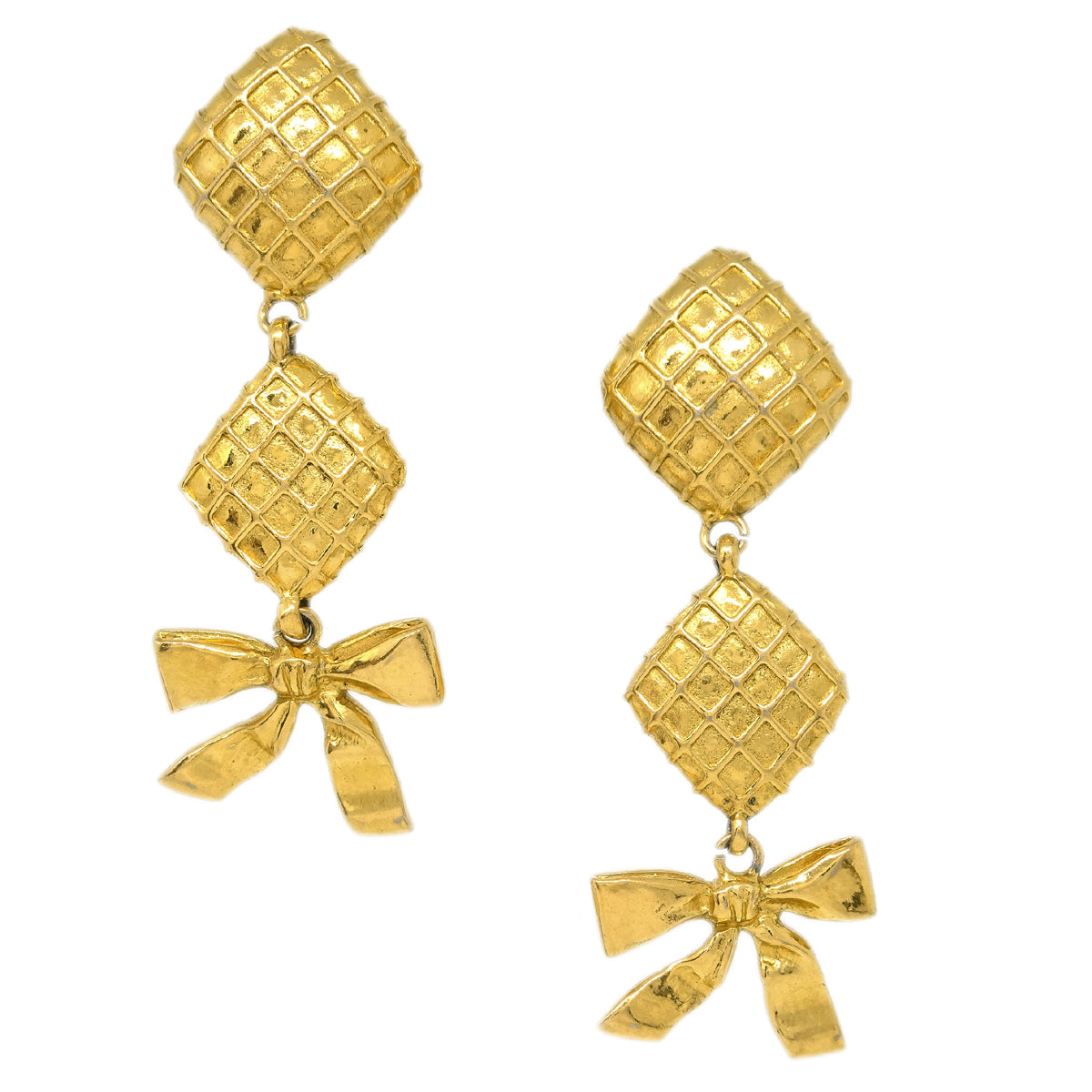 Luxury Chanel Bow Dangle Earrings Clip-On Gold