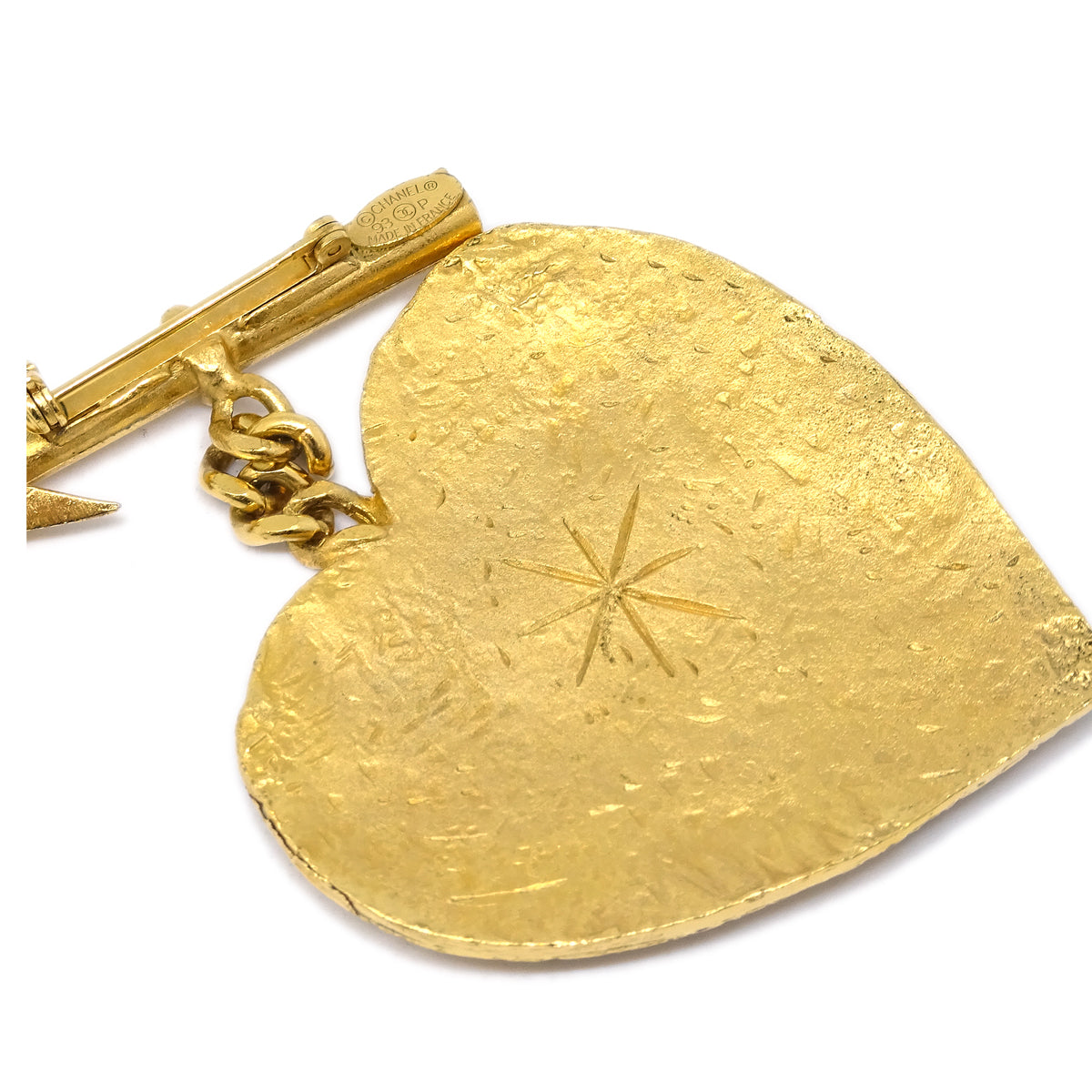 Luxury Chanel Bow And Arrow Heart Brooch Pin Gold 93P
