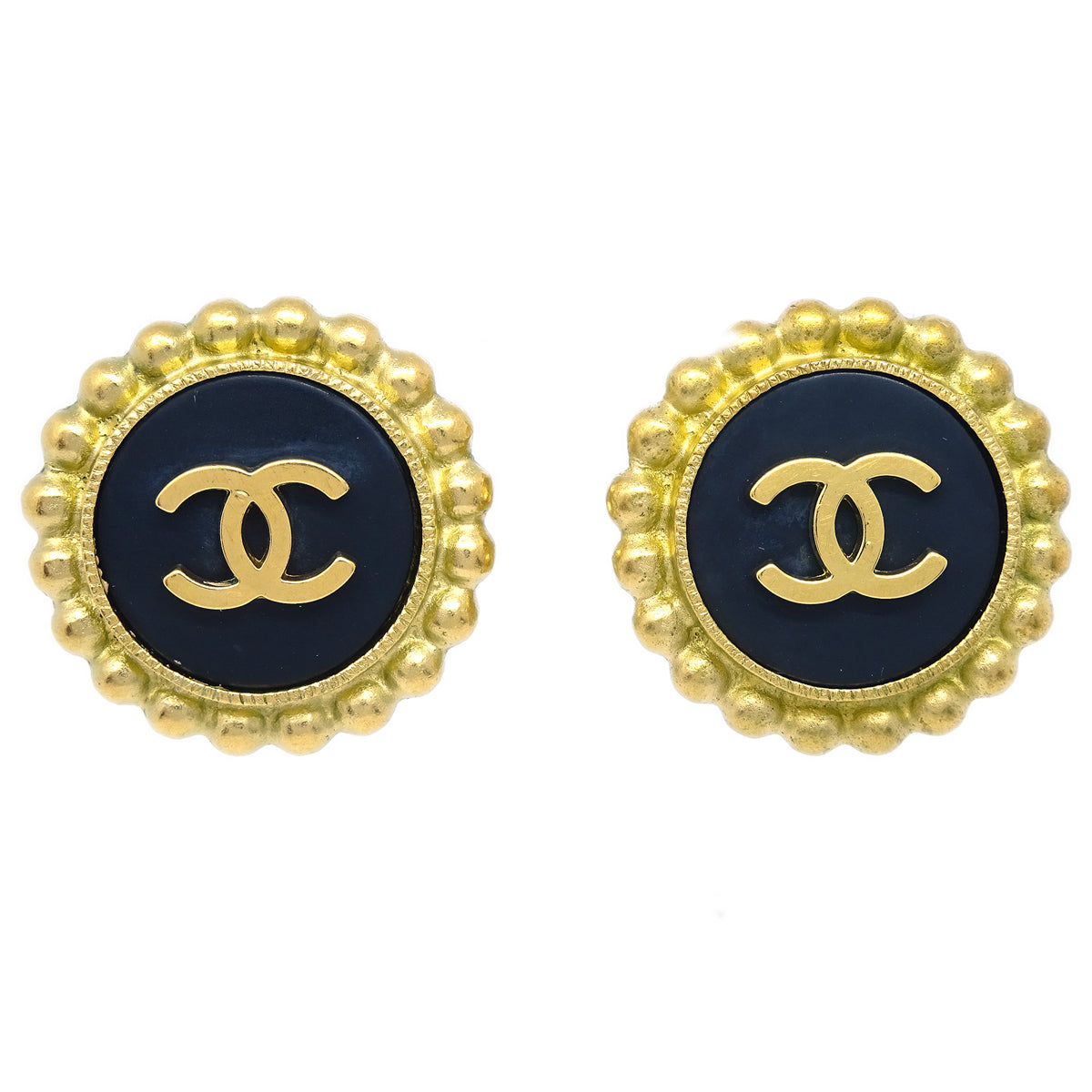 Luxury Chanel Gold Black Button Earrings Clip-On 95P