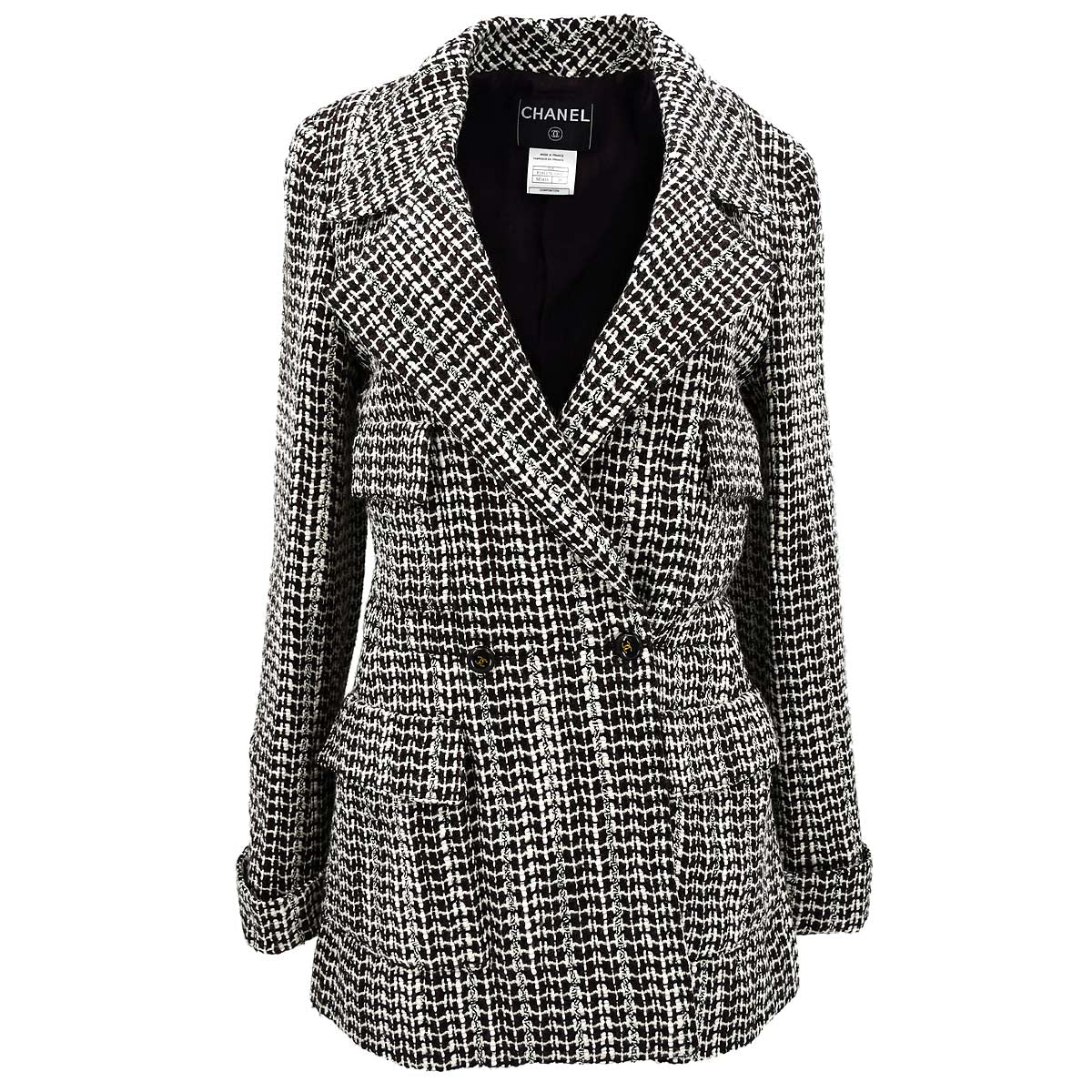 Luxury Chanel Double Breasted Jacket Brown Tweed 01A #38