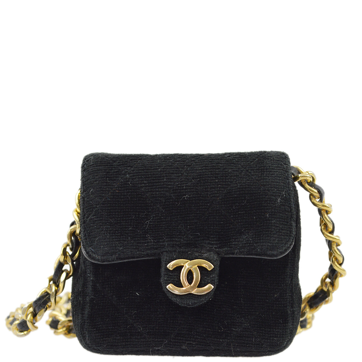 Luxury Chanel Black Velvet Classic Flap Micro Chain Pochette Pouch