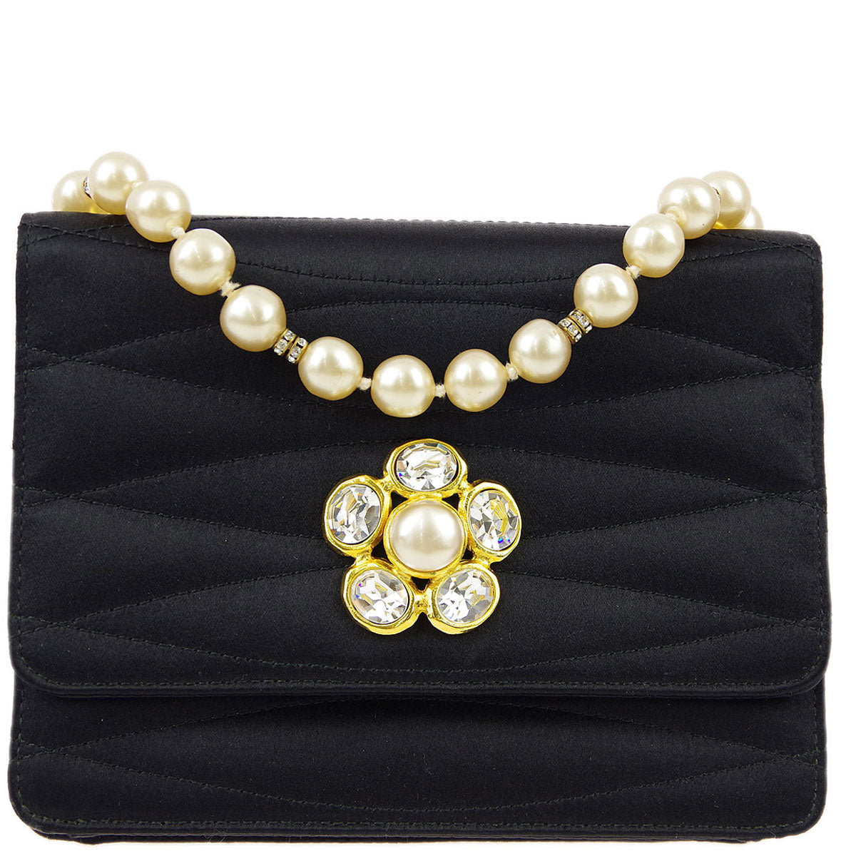 Luxury Chanel Black Rhinestone Artificial Pearl Chain Straight Flap Bag