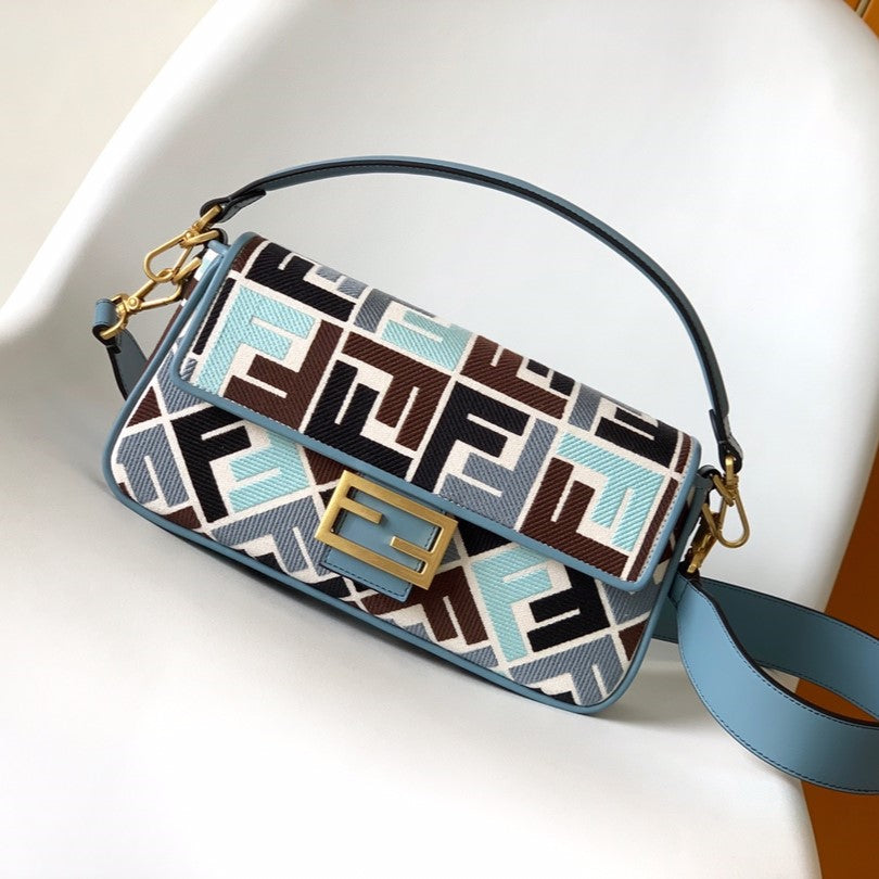 Luxury FendiFend Baguette Sky Blue and Multicolour Canvas Bag 27 with FF Embroidery Ghw