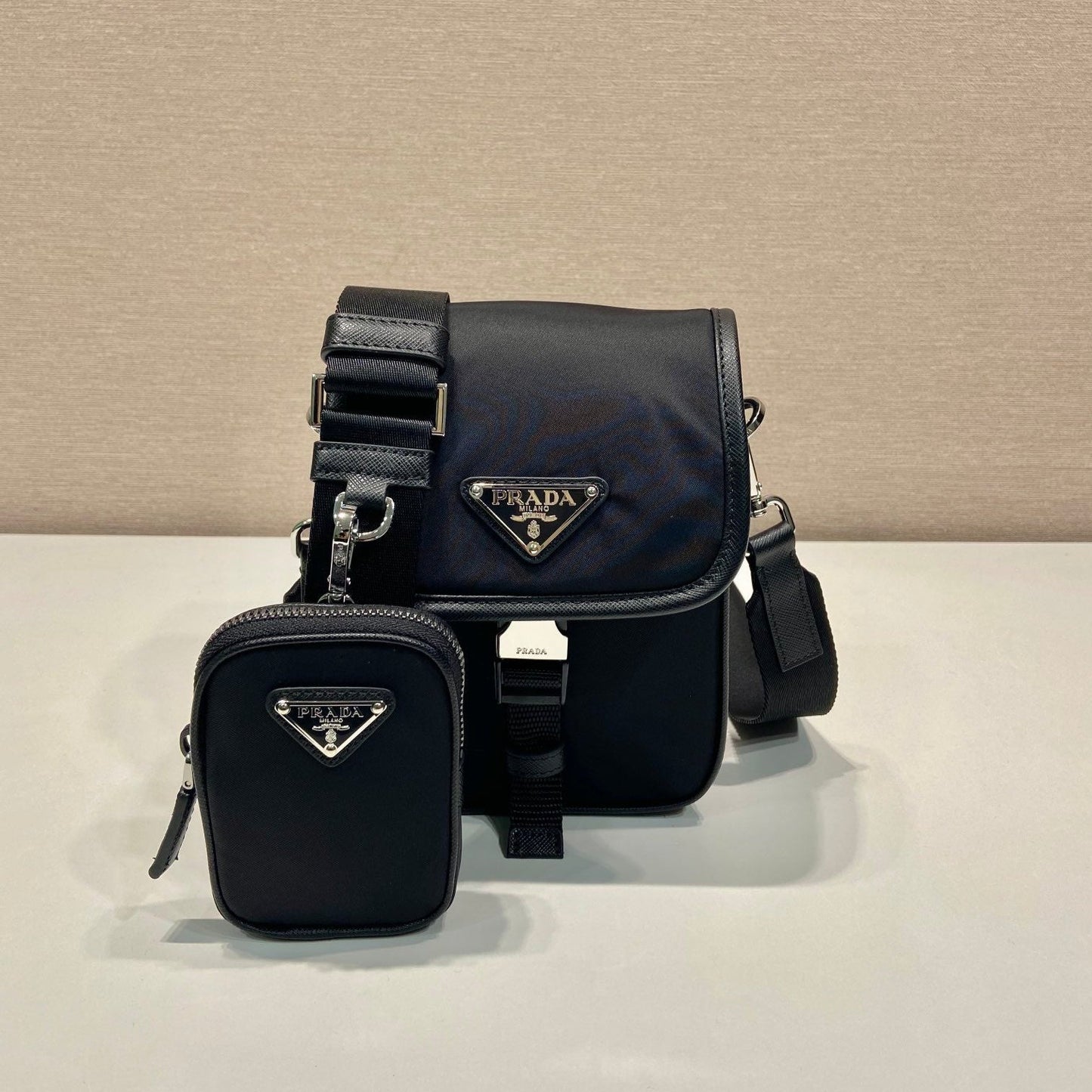 Luxury PradaPHONE BAG 19 IN BLACK RE-NYLON AND SAFFIANO LEATHER TRIM