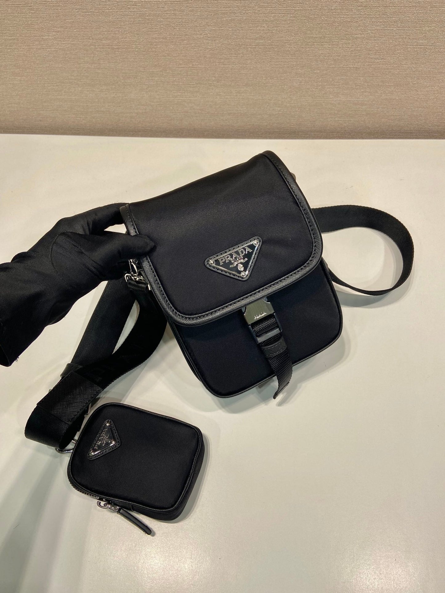 Luxury PradaPHONE BAG 19 IN BLACK RE-NYLON AND SAFFIANO LEATHER TRIM