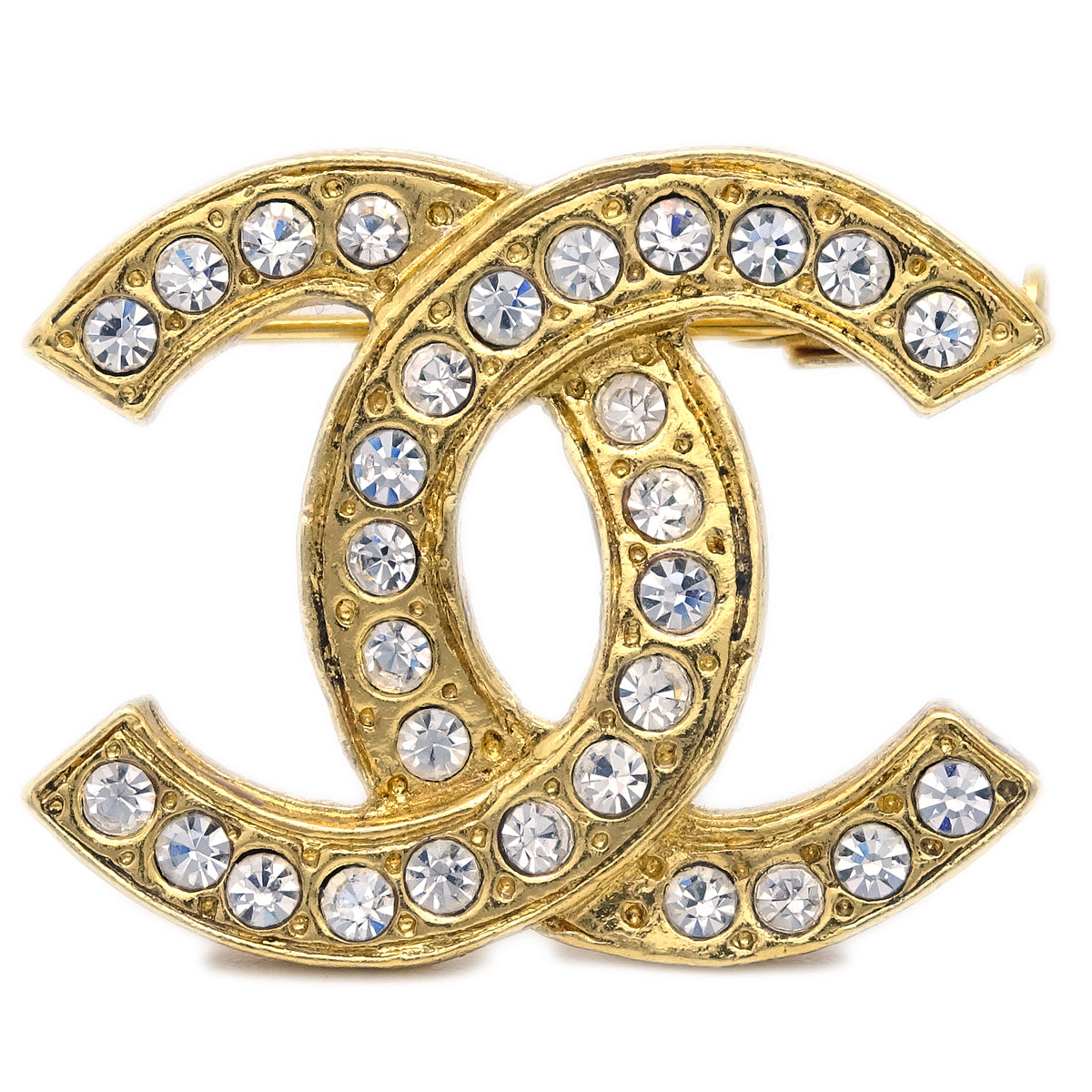Luxury Chanel CC Brooch Pin Rhinestone Gold