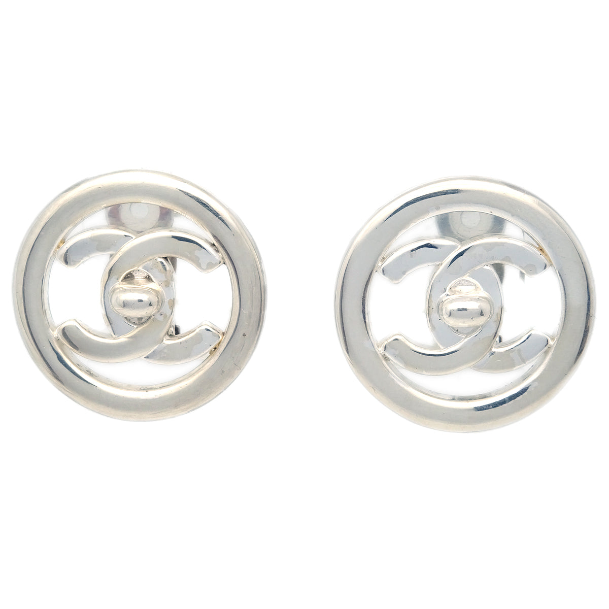 Luxury Chanel Turnlock Earrings Clip-On Silver 97P