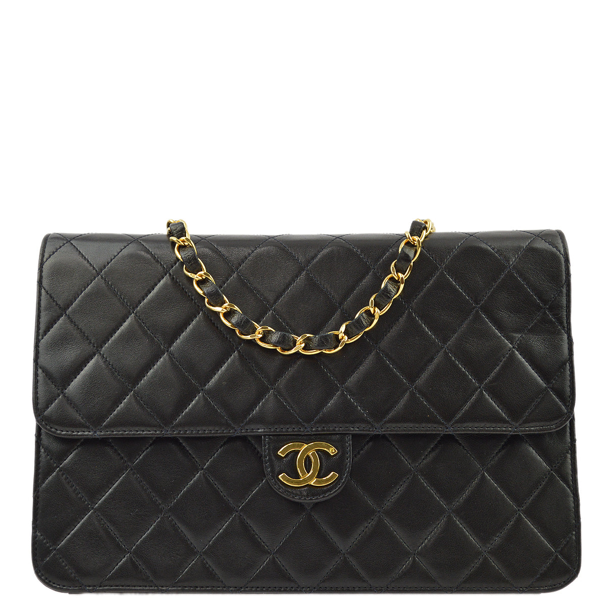 Luxury Chanel 1994-1996 Black Lambskin Pushlock Medium Half Flap Shoulder Bag