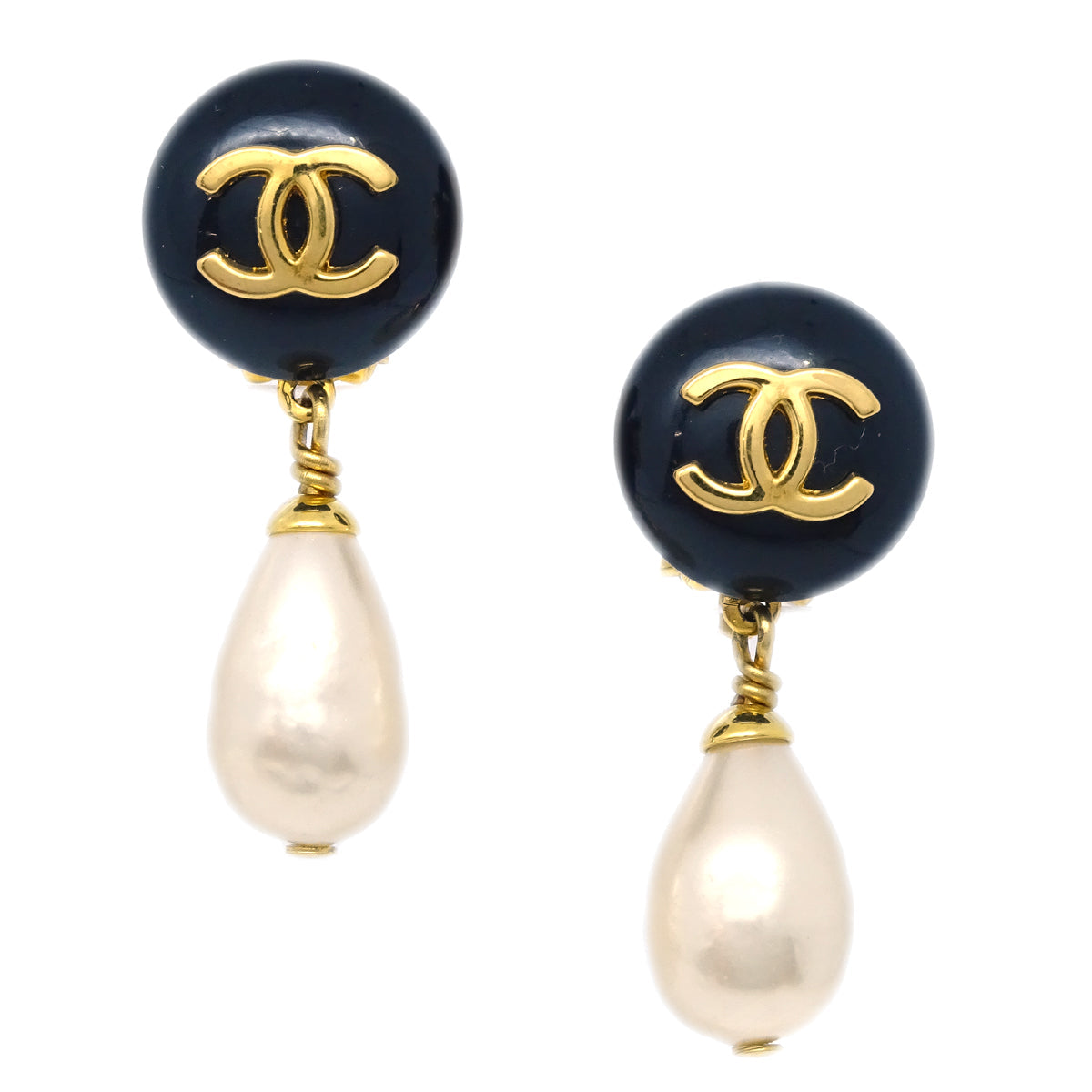 Luxury Chanel Artificial Pearl Dangle Earrings Clip-On Gold 96P
